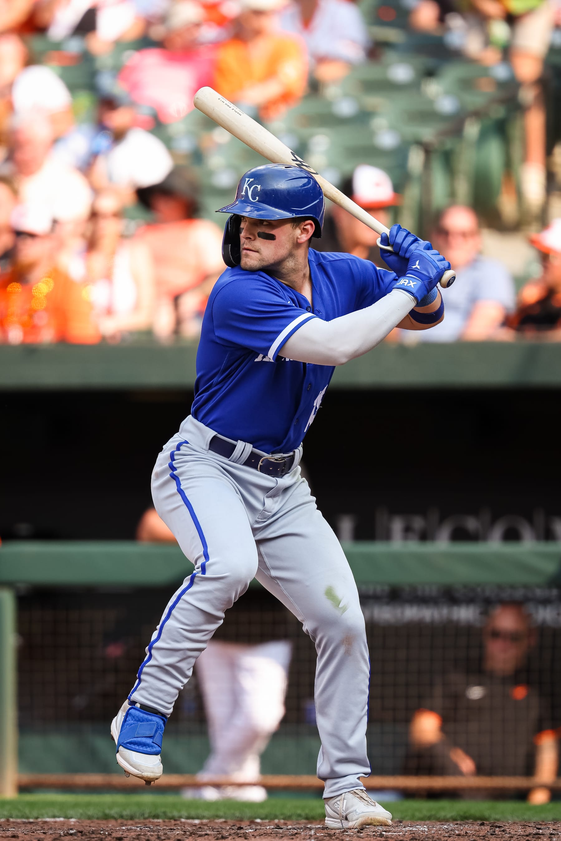 BALTIMORE, MD - JUNE 10: Michael Massey #19 of the Kansas City Royals at bat against the Baltimore Orioles during the sixth inning at Oriole Park at Camden Yards on June 10, 2023 in Baltimore, Maryland. (Photo by Scott Taetsch/Getty Images)
