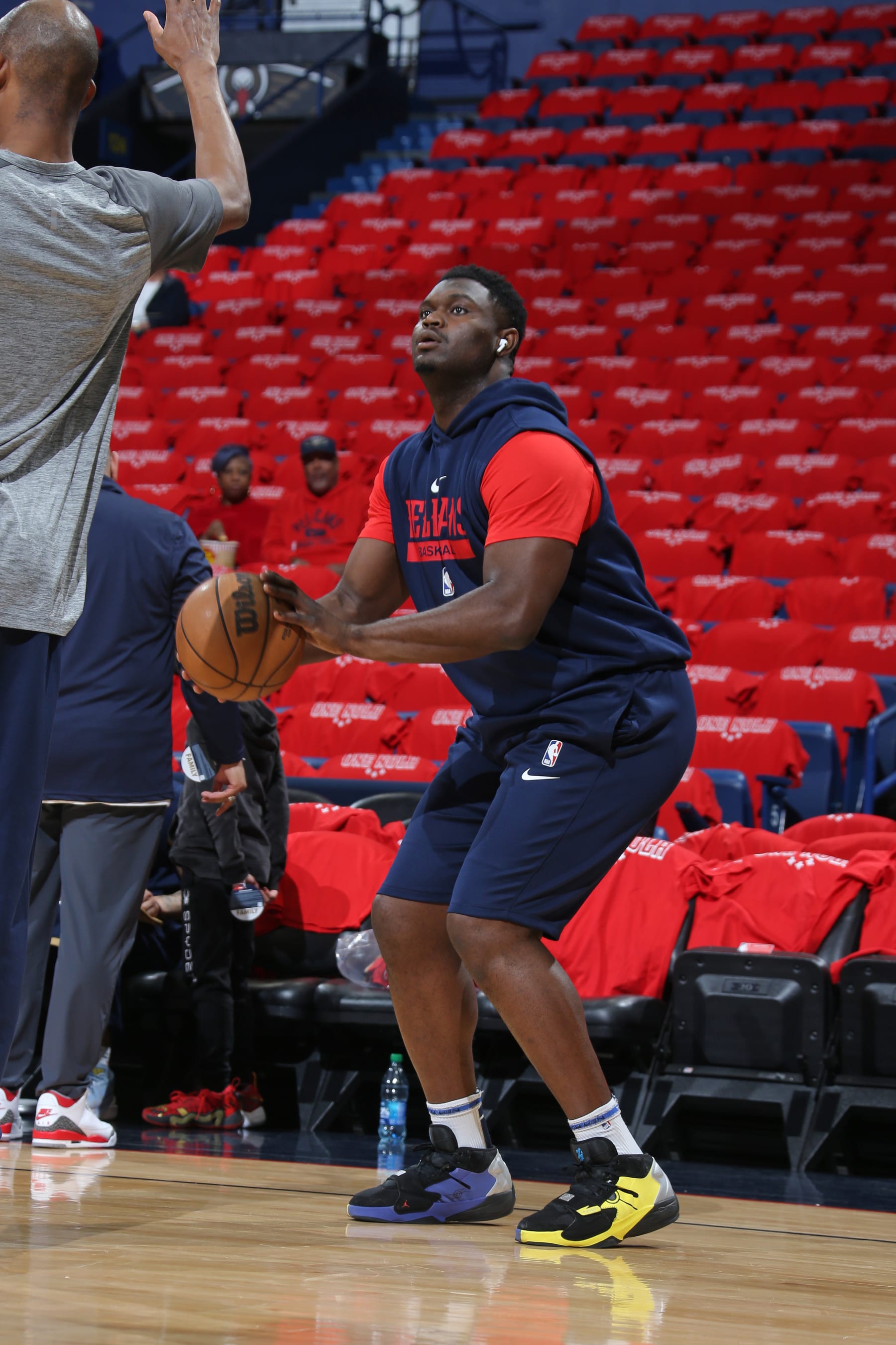 NEW ORLEANS, LA - APRIL 12: Zion Williamson #1 of the New Orleans Pelicans warms up before the 2023 Play-In Tournament against the Oklahoma City Thunder on April 12, 2023 at the Smoothie King Center in New Orleans, Louisiana. NOTE TO USER: User expressly acknowledges and agrees that, by downloading and or using this Photograph, user is consenting to the terms and conditions of the Getty Images License Agreement. Mandatory Copyright Notice: Copyright 2023 NBAE (Photo by Layne Murdoch Jr./NBAE via Getty Images)