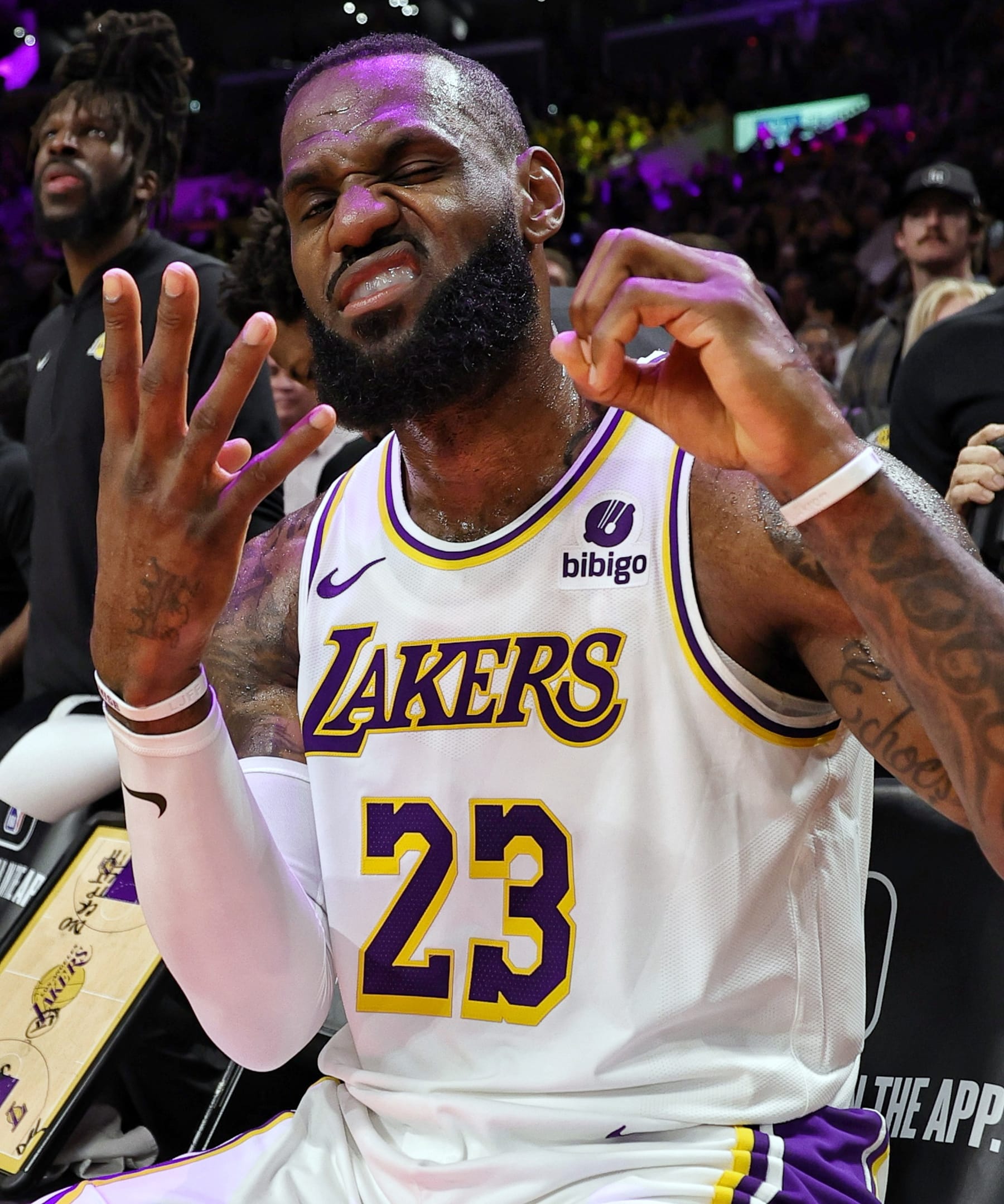 LOS ANGELES, CA - MARCH 2: LeBron James #23 of the Los Angeles Lakers celebrates after scoring his 40,000th career point during the game against the Denver Nuggets on March 2, 2024 at Crypto.Com Arena in Los Angeles, California. NOTE TO USER: User expressly acknowledges and agrees that, by downloading and/or using this Photograph, user is consenting to the terms and conditions of the Getty Images License Agreement. Mandatory Copyright Notice: Copyright 2024 NBAE (Photo by Jim Poorten/NBAE via Getty Images)