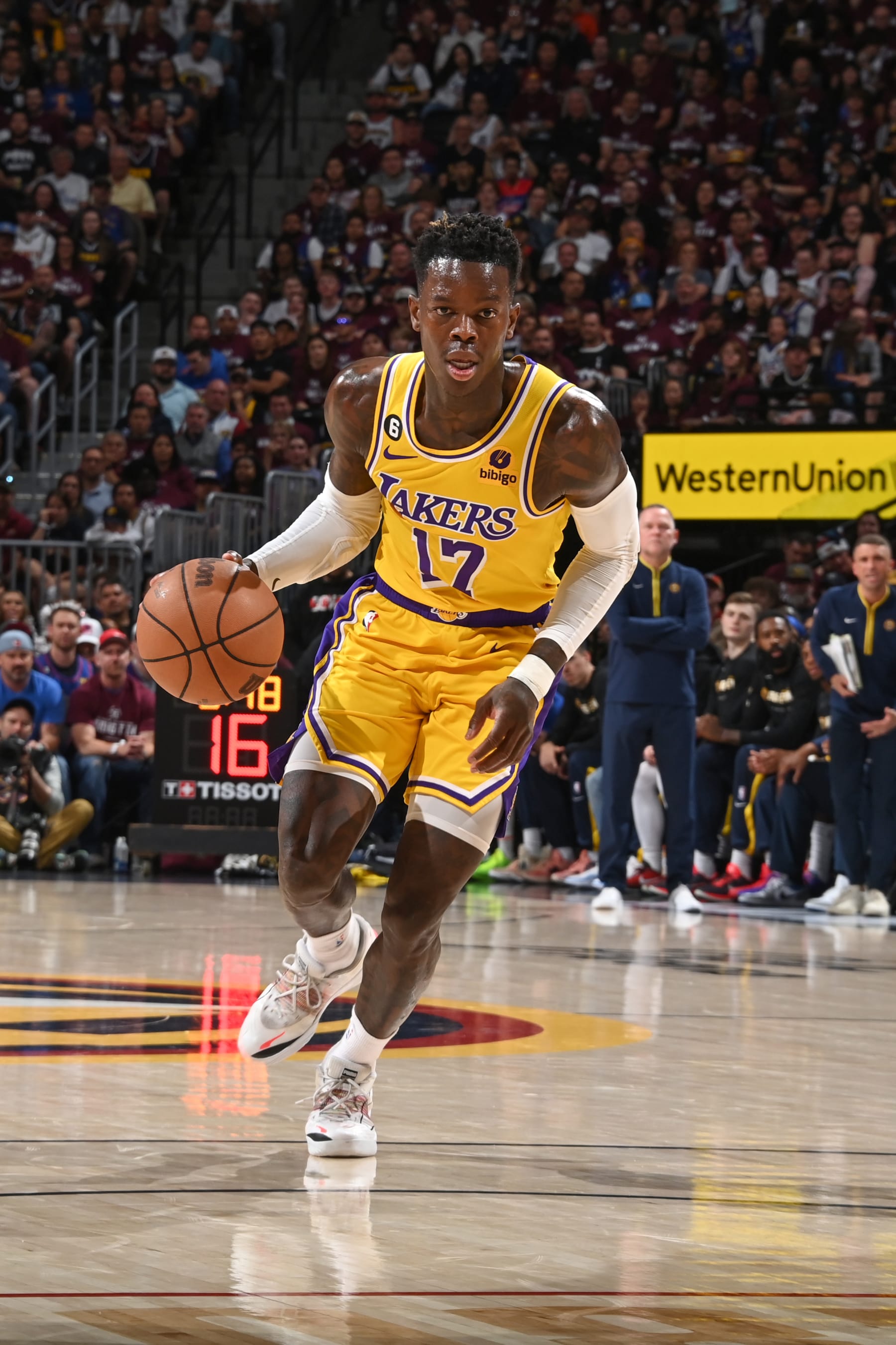 DENVER, CO - MAY 16: Dennis Schroder #17 of the Los Angeles Lakers goes to the basket during the game during round 3 game 1 of the 2023 NBA Playoffs Western Conference Finals on May 16, 2023 at the Ball Arena in Denver, Colorado. NOTE TO USER: User expressly acknowledges and agrees that, by downloading and/or using this Photograph, user is consenting to the terms and conditions of the Getty Images License Agreement. Mandatory Copyright Notice: Copyright 2023 NBAE (Photo by Andrew D. Bernstein/NBAE via Getty Images)