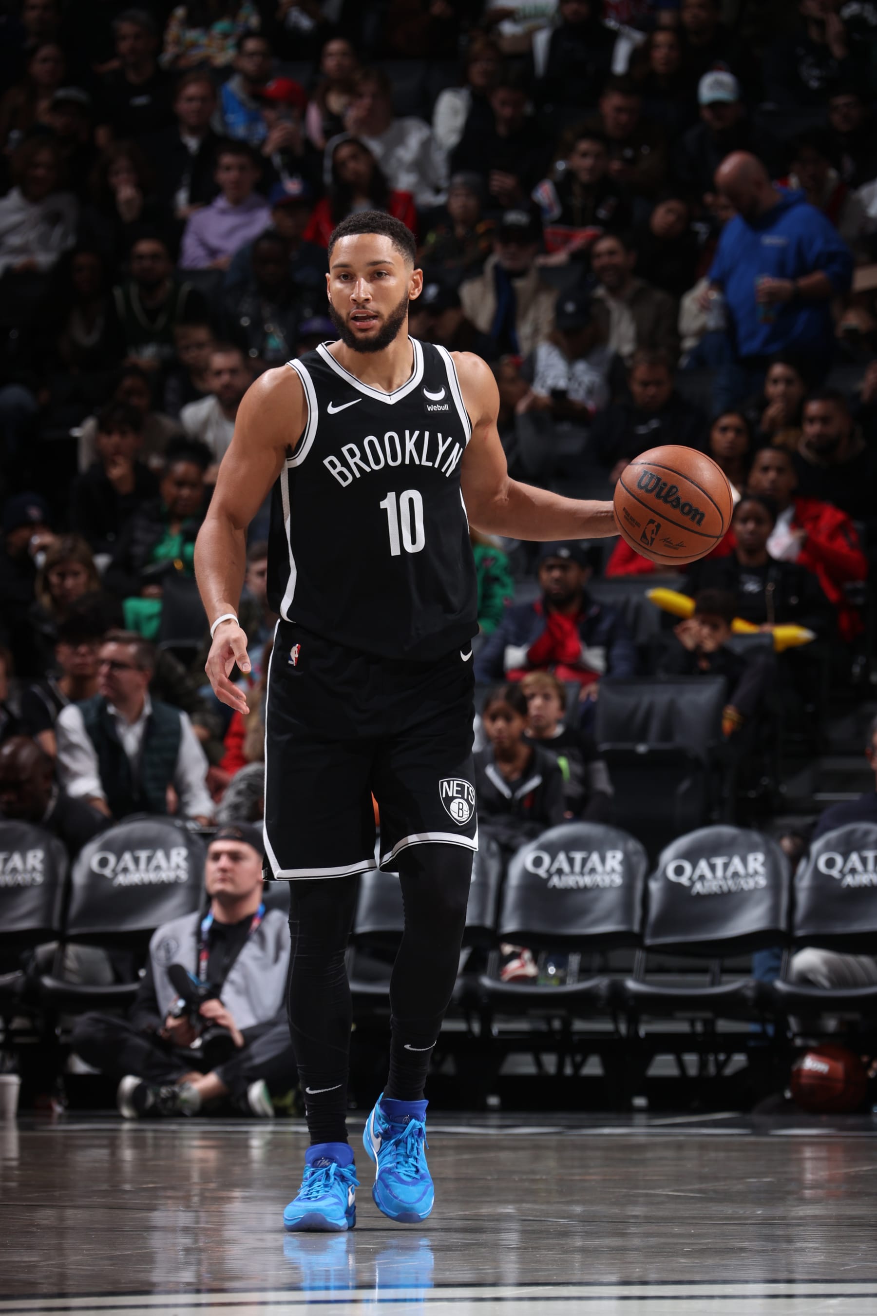 BROOKLYN, NY - NOVEMBER 6: Ben Simmons #10 of the Brooklyn Nets brings the ball up court against the Milwaukee Bucks on November 6, 2023 at Barclays Center in Brooklyn, New York. NOTE TO USER: User expressly acknowledges and agrees that, by downloading and or using this Photograph, user is consenting to the terms and conditions of the Getty Images License Agreement. Mandatory Copyright Notice: Copyright 2023 NBAE (Photo by Nathaniel S. Butler/NBAE via Getty Images)
