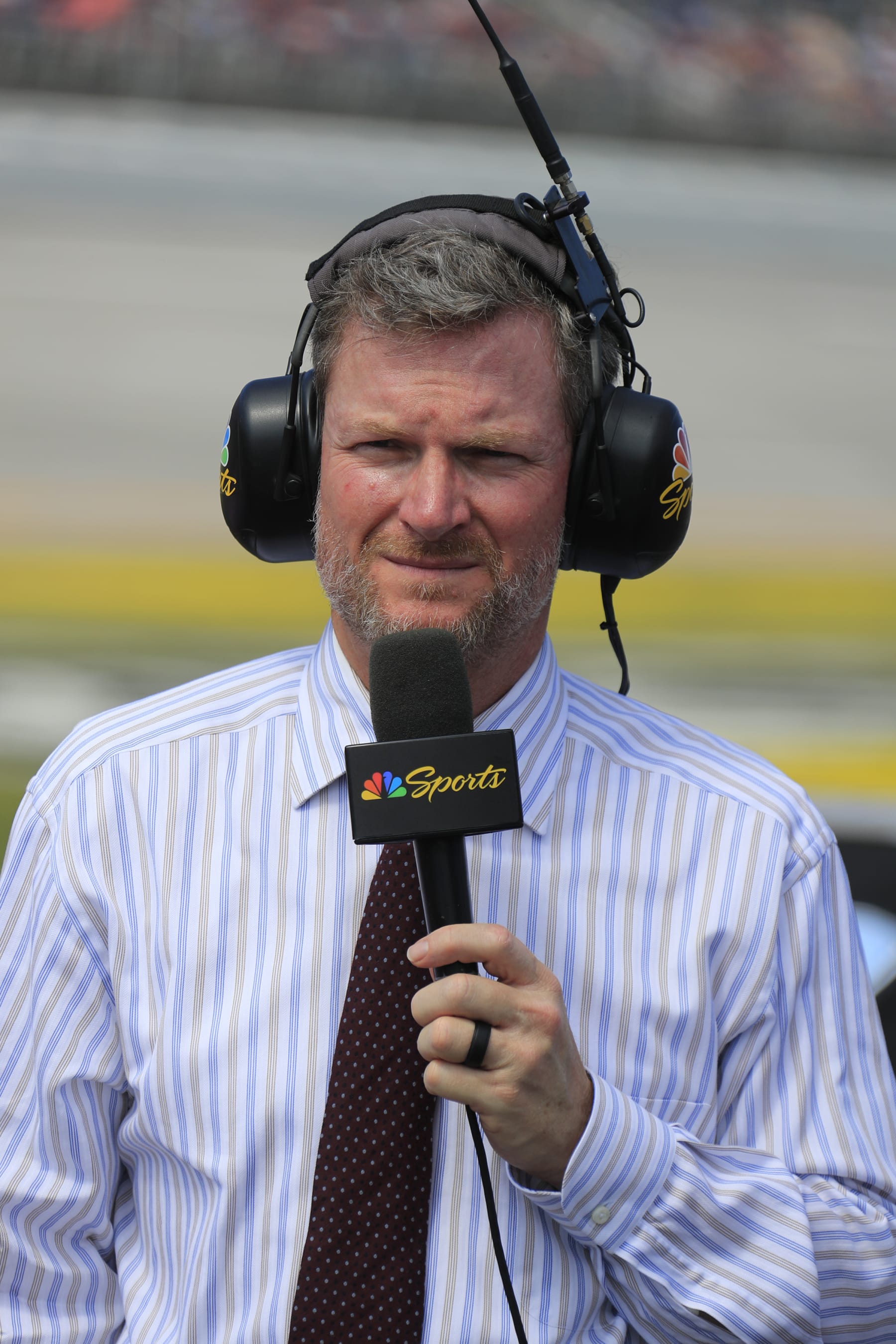 TALLADEGA, AL - OCTOBER 01: NBC announcer Dale Earnhardt jr on pit road prior to the running of the NASCAR Cup Series Playoff YellaWood 500 on October 01, 2023 at Talladega SuperSpeedway in Talladega, AL. (Photo by Jeff Robinson/Icon Sportswire via Getty Images)