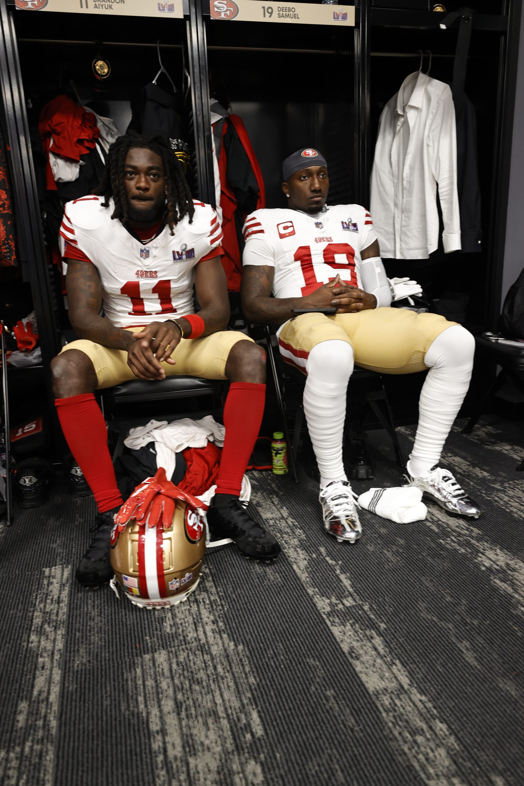 LAS VEGAS, NV - FEBRUARY 11: Brandon Aiyuk #11 and Deebo Samuel #19 of the San Francisco 49ers in the locker room before Super Bowl LVIII against the Kansas City Chiefs at Allegiant Stadium on February 11, 2024 in Las Vegas, Nevada. The Chiefs defeated the 49ers 25-22. (Photo by Michael Zagaris/San Francisco 49ers/Getty Images)