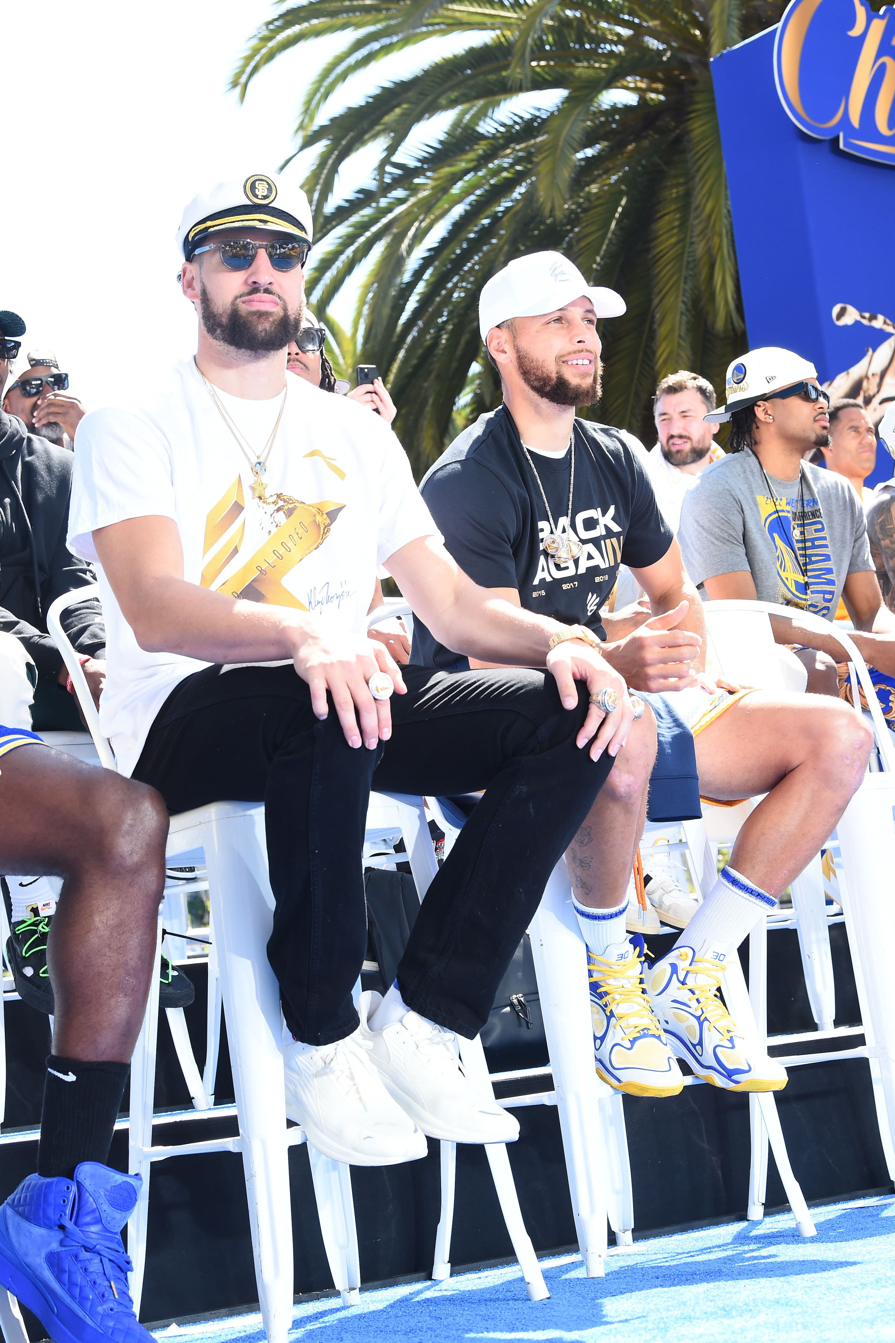 SAN FRANCISCO, CA - JUNE 20: Klay Thompson #11 and Stephen Curry #30 of the Golden State Warriors look on during their 2022 Victory Parade & Rally on June 20, 2022 at Chase Center in San Francisco, California. NOTE TO USER: User expressly acknowledges and agrees that, by downloading and or using this photograph, user is consenting to the terms and conditions of Getty Images License Agreement. Mandatory Copyright Notice: Copyright 2022 NBAE (Photo by Noah Graham/NBAE via Getty Images)