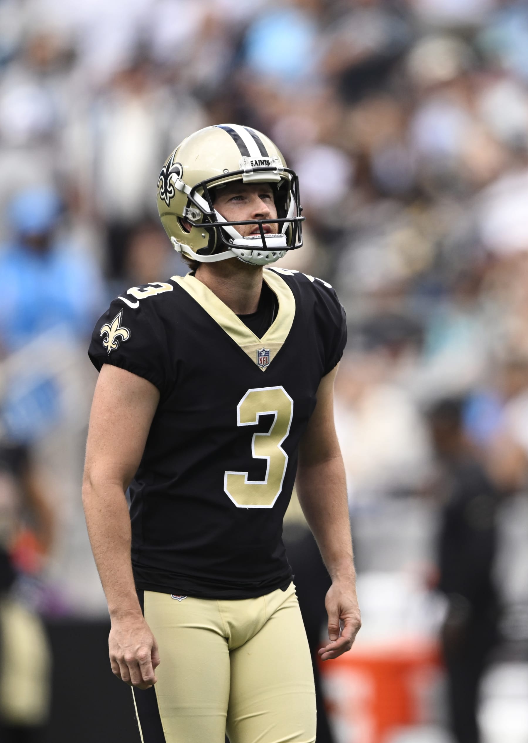CHARLOTTE, NORTH CAROLINA - SEPTEMBER 25: Wil Lutz #3 of the New Orleans Saints stands on the field during the second quarter against the Carolina Panthers at Bank of America Stadium on September 25, 2022 in Charlotte, North Carolina. (Photo by Eakin Howard/Getty Images)