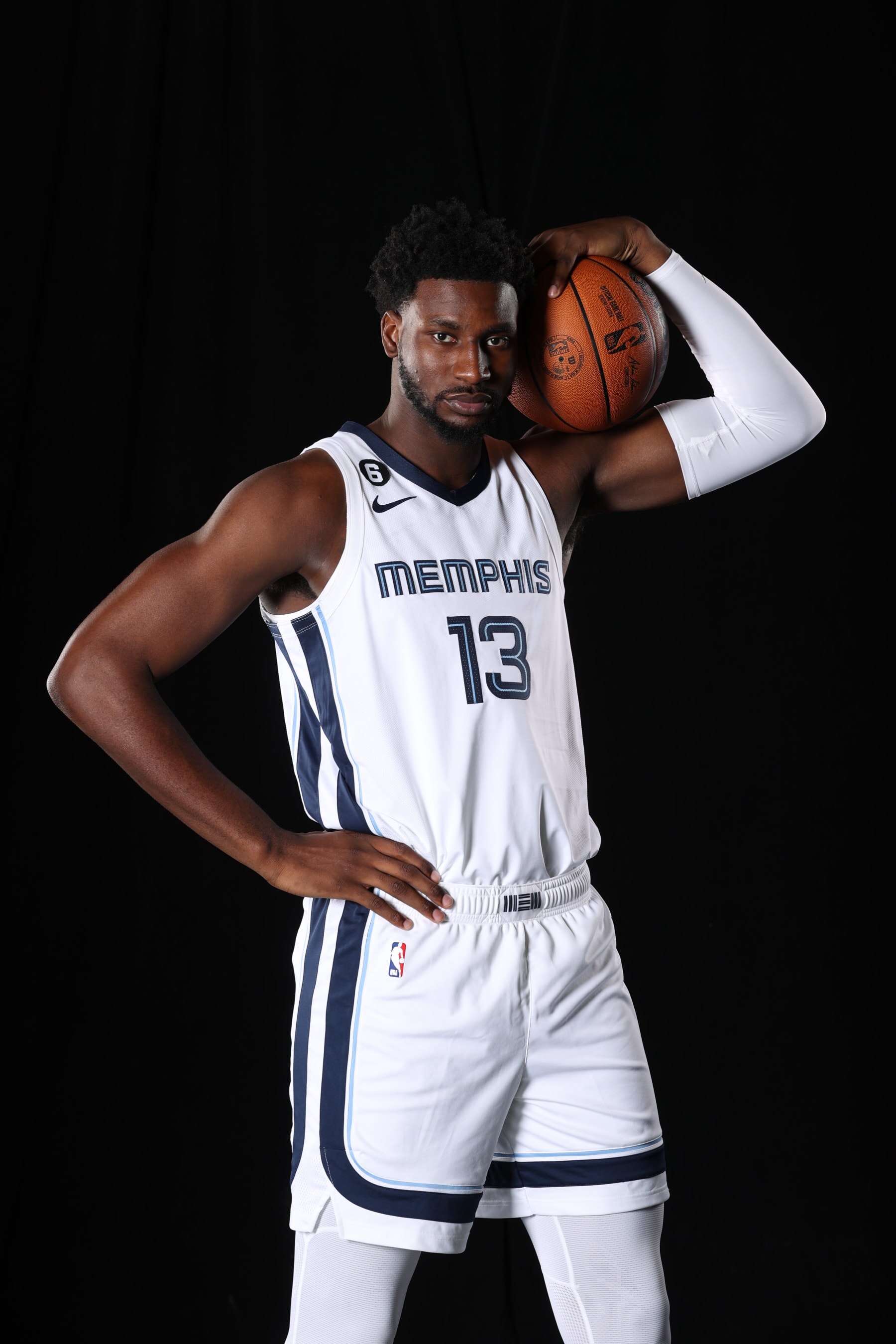 MEMPHIS, TN - SEPTEMBER 26: Jaren Jackson Jr. #13 of the Memphis Grizzlies poses for a portrait during NBA Media Day on September 26, 2022 at FedExForum in Memphis, Tennessee.  NOTE TO USER: User expressly acknowledges and agrees that, by downloading and or using this photograph, User is consenting to the terms and conditions of the Getty Images License Agreement. Mandatory Copyright Notice: Copyright 2022 NBAE (Photo by Joe Murphy/NBAE via Getty Images)