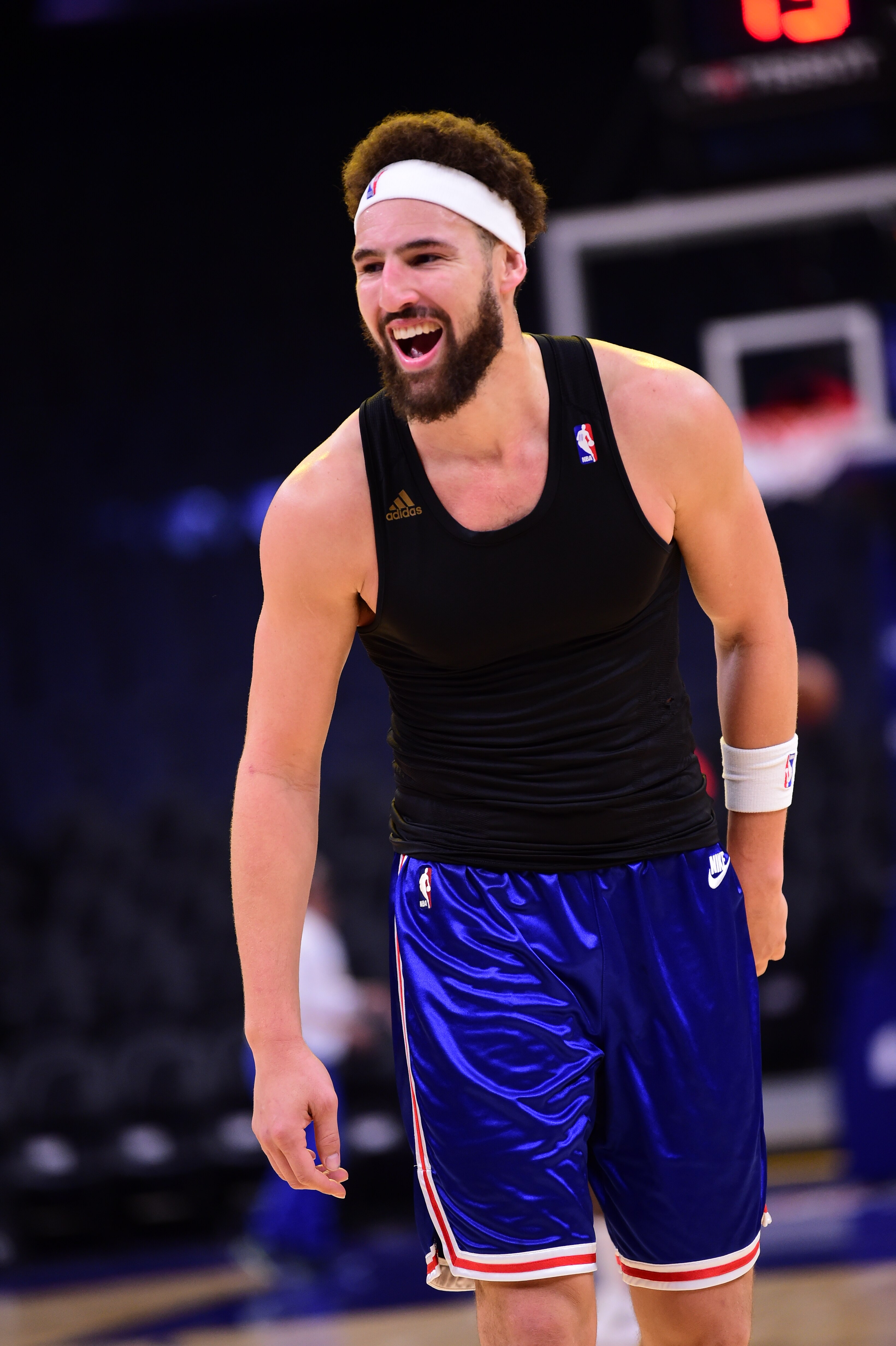 SAN FRANCISCO, CA - NOVEMBER 7: Klay Thompson #11 of the Golden State Warriors smiles during warmups before the game against the Houston Rockets on November 7, 2021 at Chase Center in San Francisco, California. NOTE TO USER: User expressly acknowledges and agrees that, by downloading and or using this photograph, user is consenting to the terms and conditions of Getty Images License Agreement. Mandatory Copyright Notice: Copyright 2021 NBAE (Photo by Noah Graham/NBAE via Getty Images)