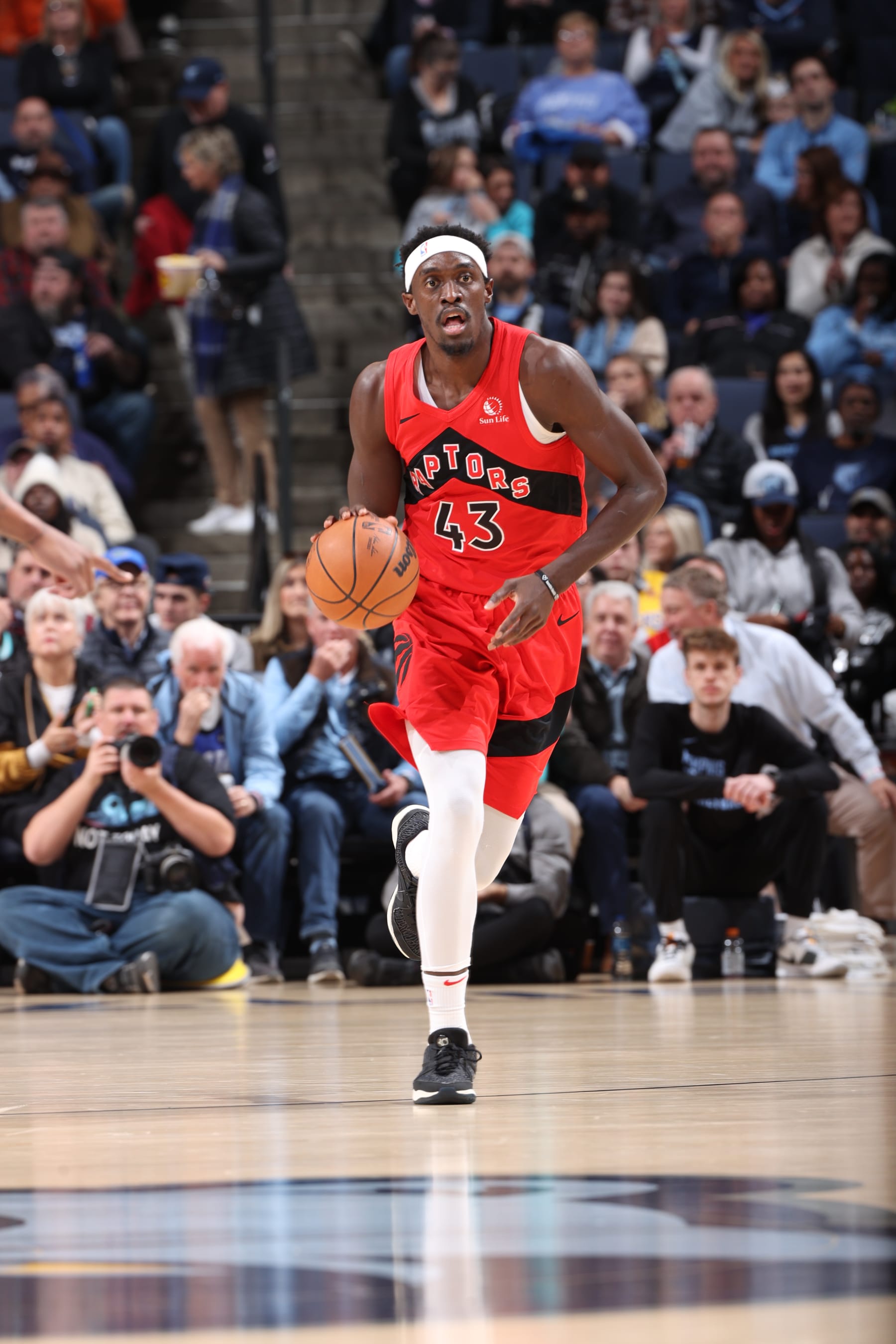 MEMPHIS, TN - JANUARY 3:  Pascal Siakam #43 of the Toronto Raptors handles the ball during the game  on January 3, 2024 at FedExForum in Memphis, Tennessee. NOTE TO USER: User expressly acknowledges and agrees that, by downloading and or using this photograph, User is consenting to the terms and conditions of the Getty Images License Agreement. Mandatory Copyright Notice: Copyright 2024 NBAE (Photo by Joe Murphy/NBAE via Getty Images)