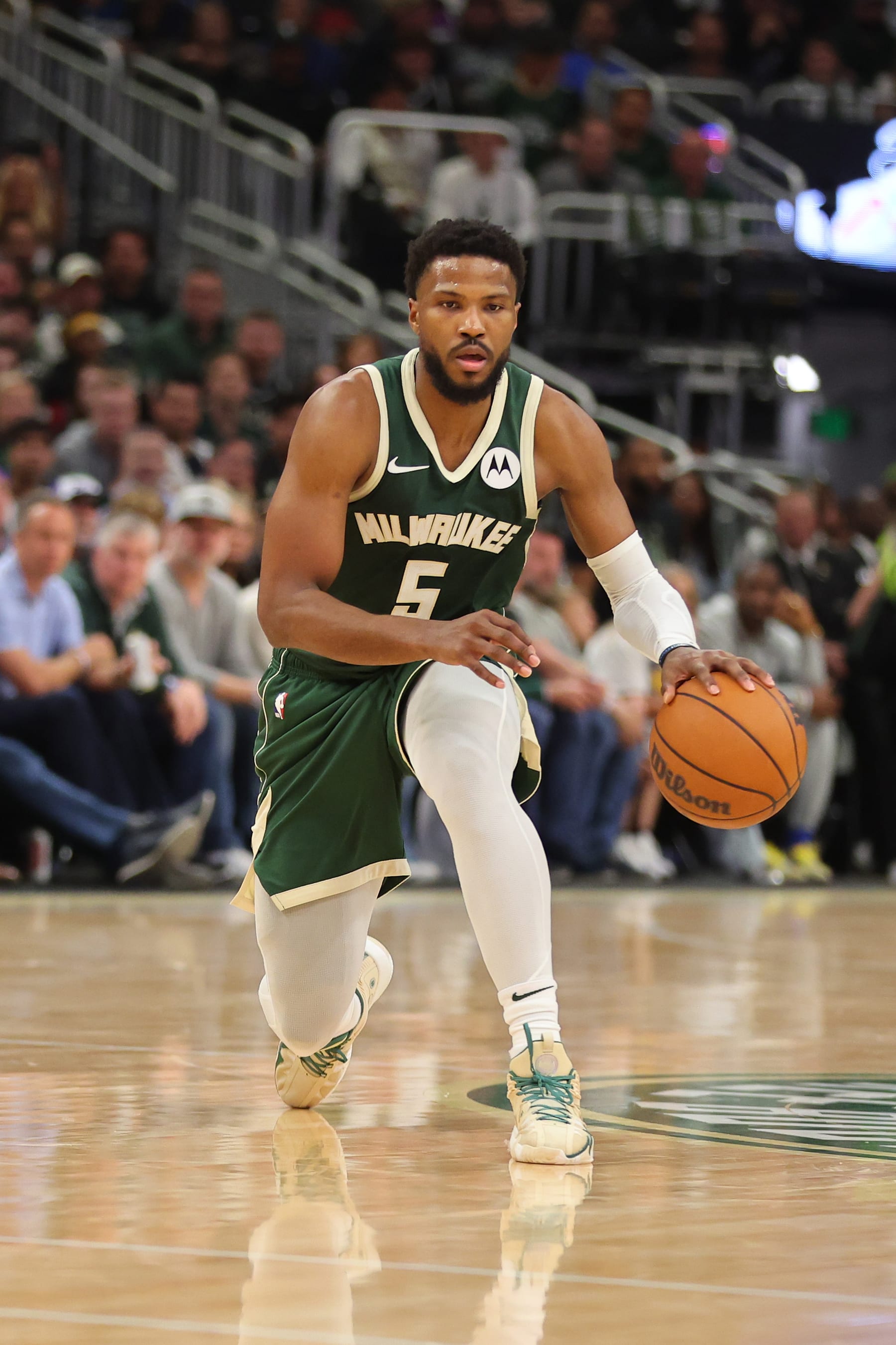 MILWAUKEE, WISCONSIN - APRIL 30: Malik Beasley #5 of the Milwaukee Bucks handles the ball against the Indiana Pacers during game five of the Eastern Conference First Round Playoffs at Fiserv Forum on April 30, 2024 in Milwaukee, Wisconsin.  The Bucks defeated the Pacers 115-92.   NOTE TO USER: User expressly acknowledges and agrees that, by downloading and or using this photograph, User is consenting to the terms and conditions of the Getty Images License Agreement. (Photo by Stacy Revere/Getty Images)