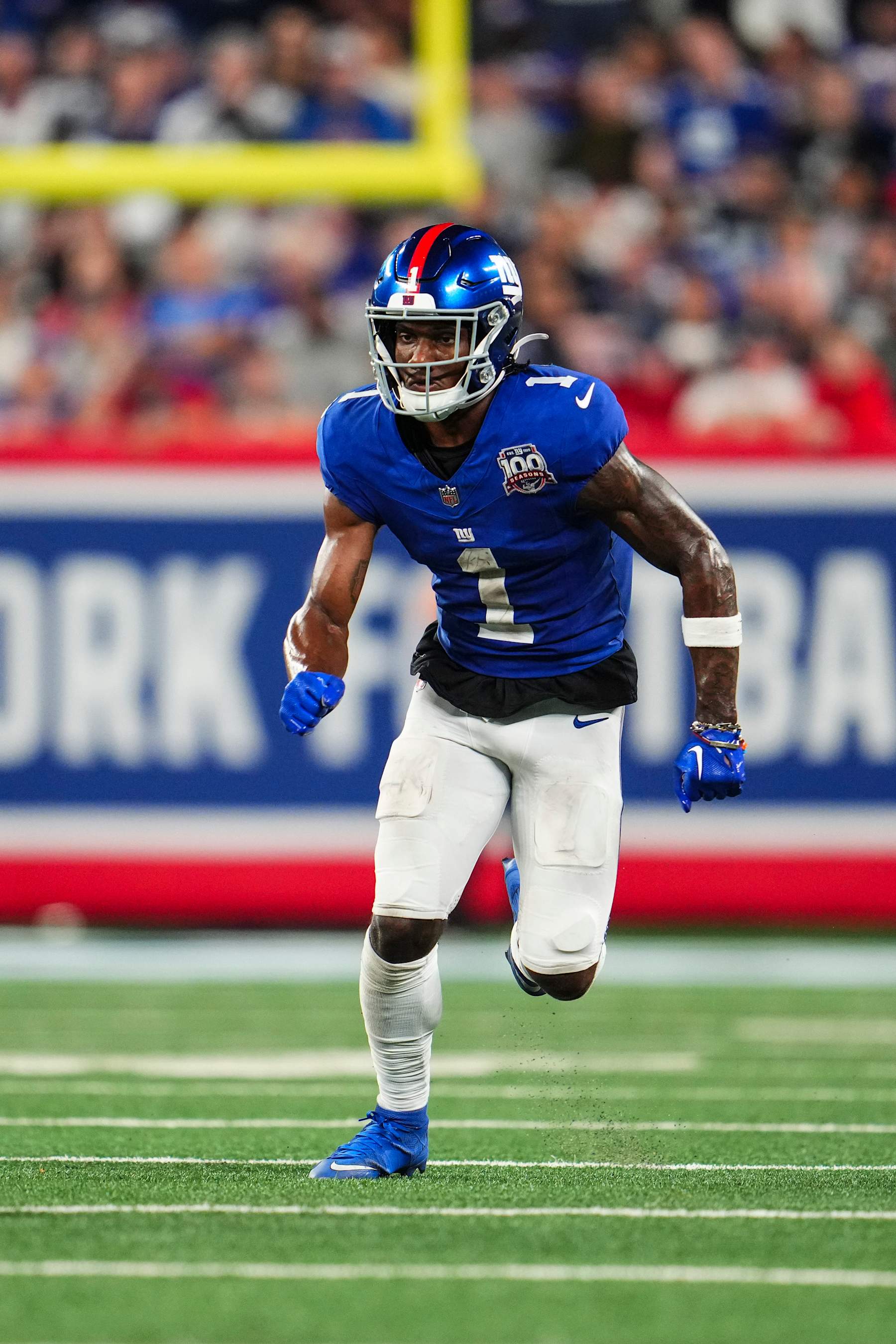 EAST RUTHERFORD, NJ - SEPTEMBER 26: Malik Nabers #1 of the New York Giants runs a route during an NFL football game against the Dallas Cowboys at MetLife Stadium on September 26, 2024 in East Rutherford, New Jersey. (Photo by Cooper Neill/Getty Images)