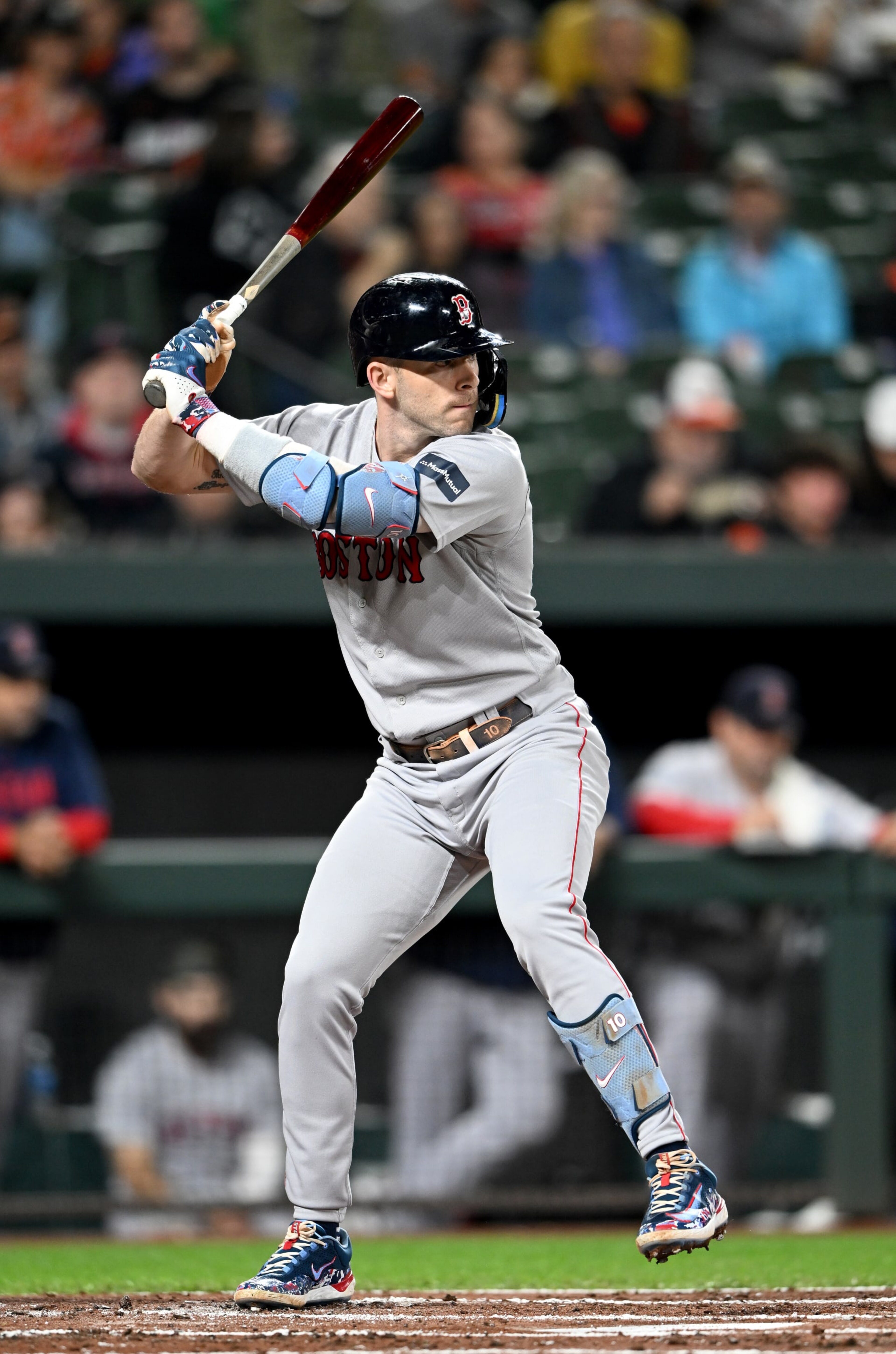 BALTIMORE, MARYLAND - SEPTEMBER 29: Trevor Story #10 of the Boston Red Sox bats against the Baltimore Orioles at Oriole Park at Camden Yards on September 29, 2023 in Baltimore, Maryland. (Photo by G Fiume/Getty Images)
