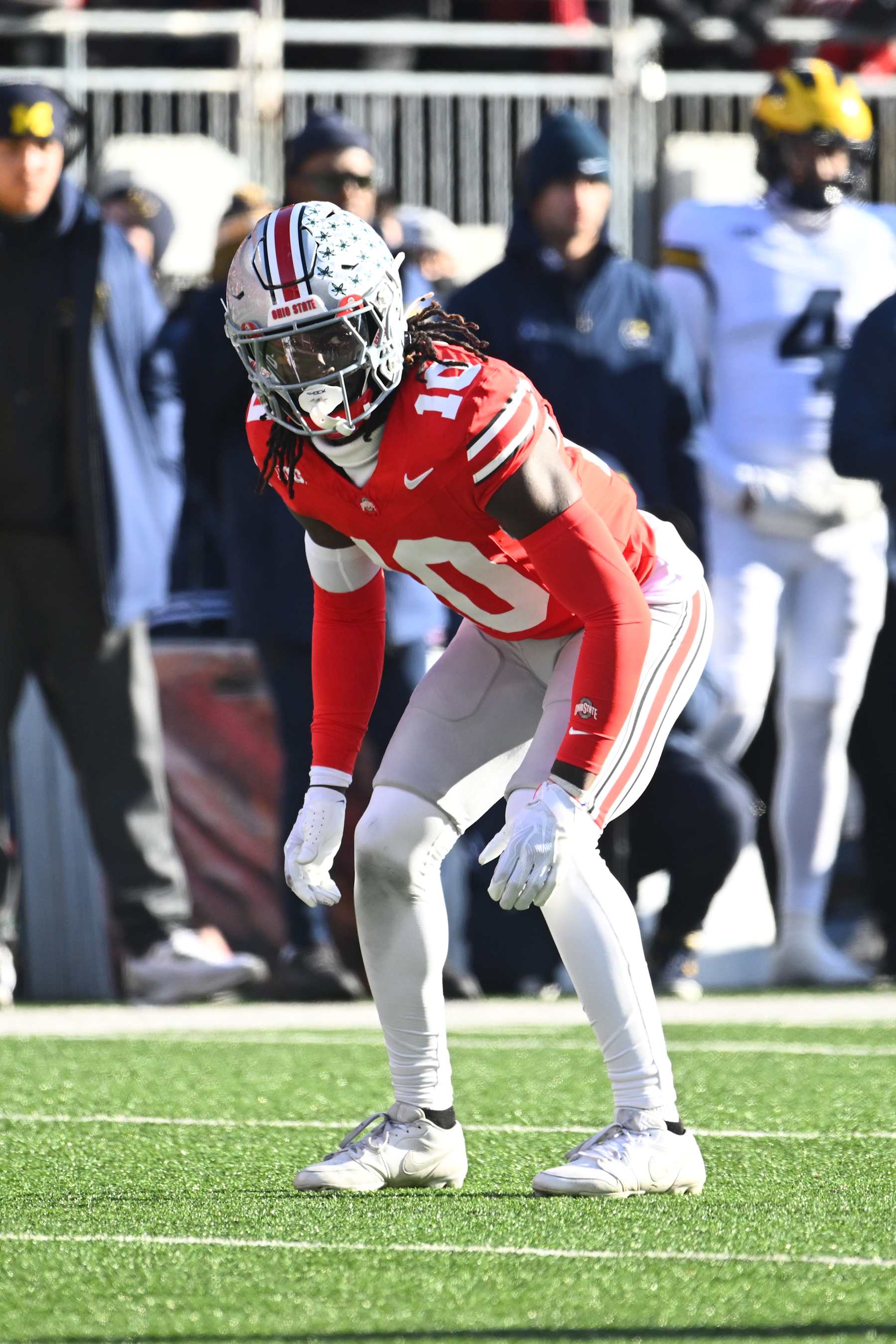 COLUMBUS, OHIO - NOVEMBER 30: Denzel Burke #10 of the Ohio State Buckeyes lines up prior to a play during the third quarter of a game against the Michigan Wolverines at Ohio Stadium on November 30, 2024 in Columbus, Ohio. (Photo by Ben Jackson/Getty Images)
