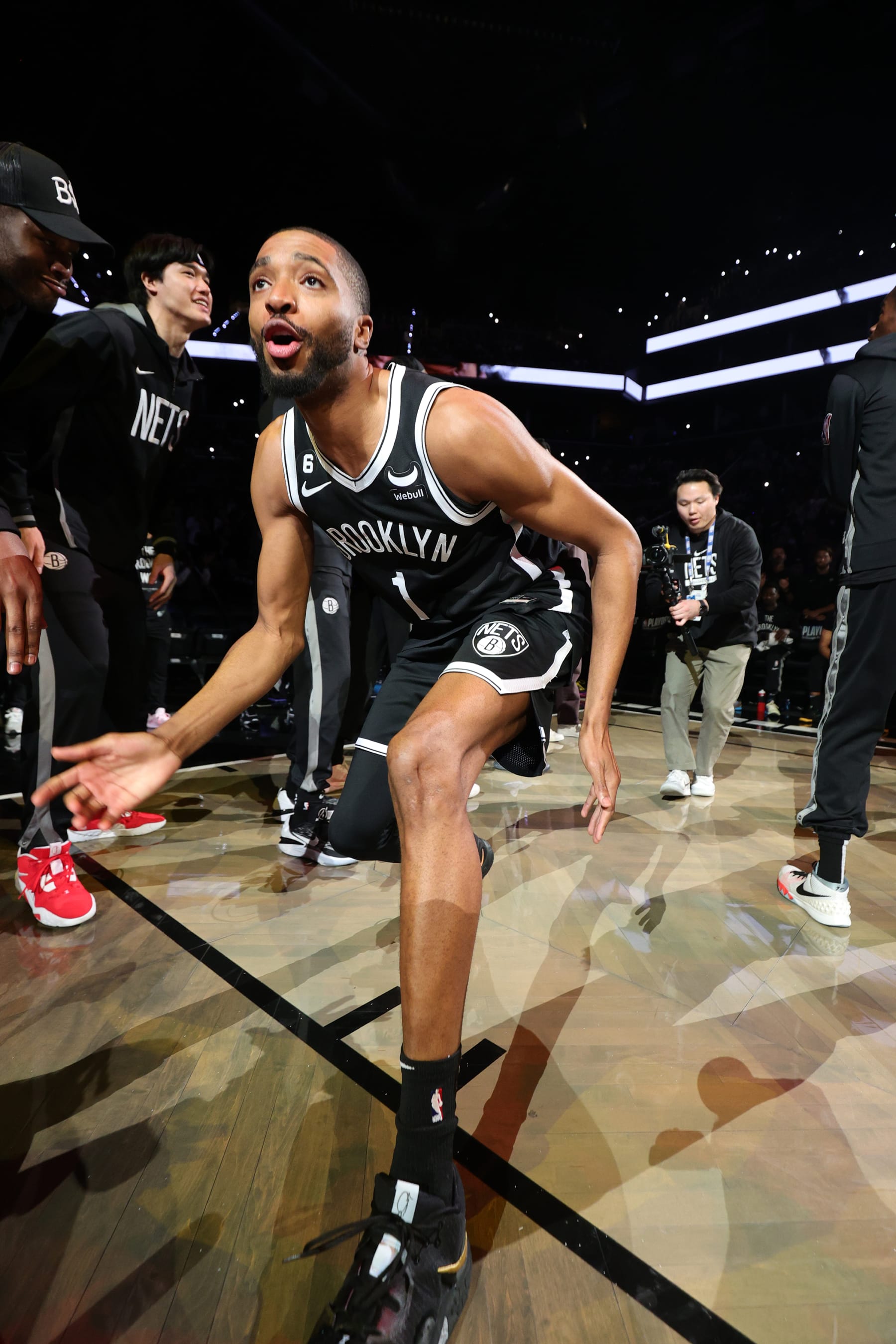 BROOKLYN, NY - APRIL 20: Mikal Bridges #1 of the Brooklyn Nets is introduced before Round One Game Three of the 2023 NBA Playoffs against the Philadelphia 76ers on April 20, 2023 at Barclays Center in Brooklyn, New York. NOTE TO USER: User expressly acknowledges and agrees that, by downloading and or using this Photograph, user is consenting to the terms and conditions of the Getty Images License Agreement. Mandatory Copyright Notice: Copyright 2023 NBAE (Photo by Nathaniel S. Butler/NBAE via Getty Images)