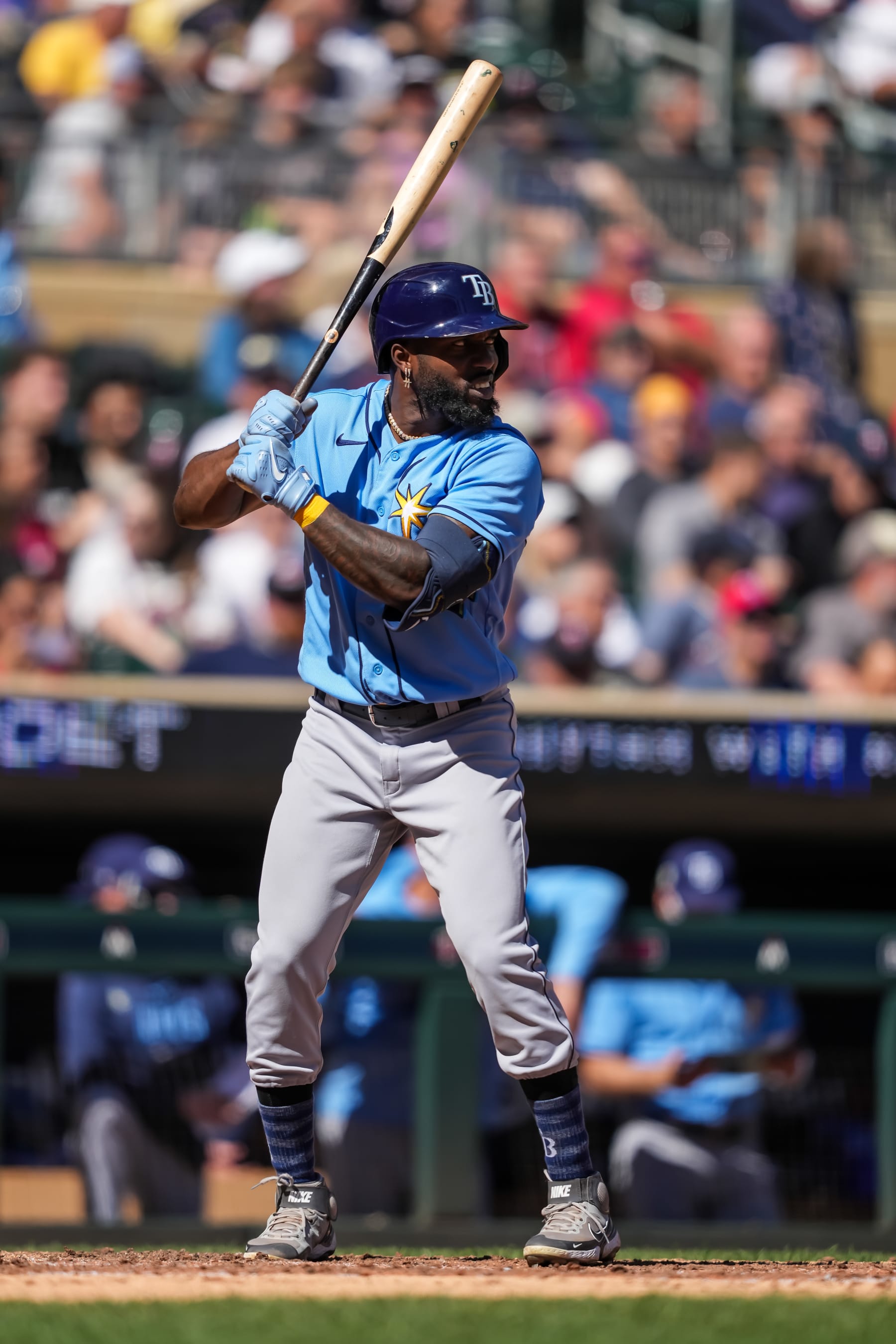 MINNEAPOLIS, MN - SEPTEMBER 13: Randy Arozarena #56 of the Tampa Bay Rays bats against the Minnesota Twins on September 13, 2023 at Target Field in Minneapolis, Minnesota. (Photo by Brace Hemmelgarn/Minnesota Twins/Getty Images)