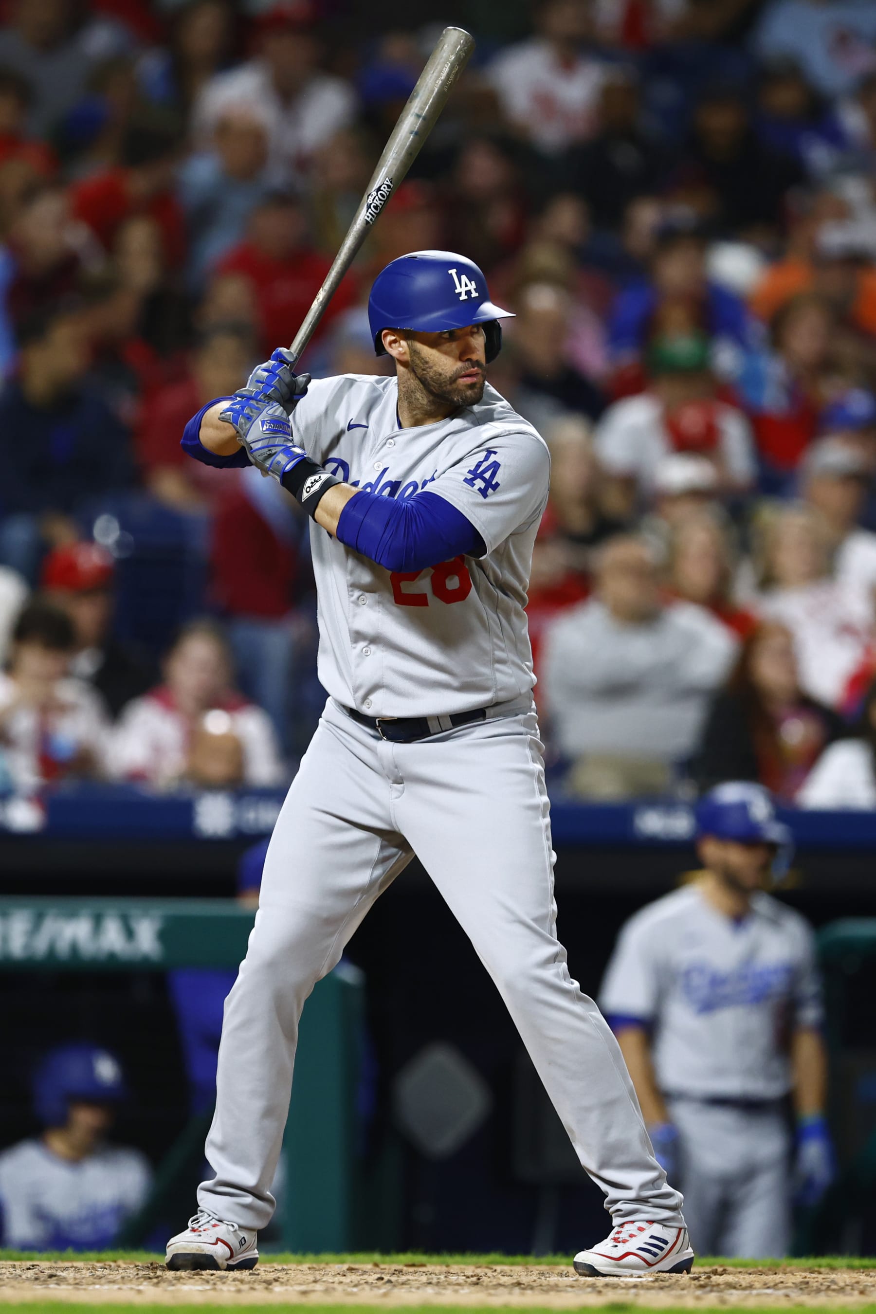 PHILADELPHIA, PENNSYLVANIA - JUNE 9: J.D. Martinez #28 of the Los Angeles Dodgers in action against the Philadelphia Phillies during a game at Citizens Bank Park on June 9, 2023 in Philadelphia, Pennsylvania. (Photo by Rich Schultz/Getty Images)