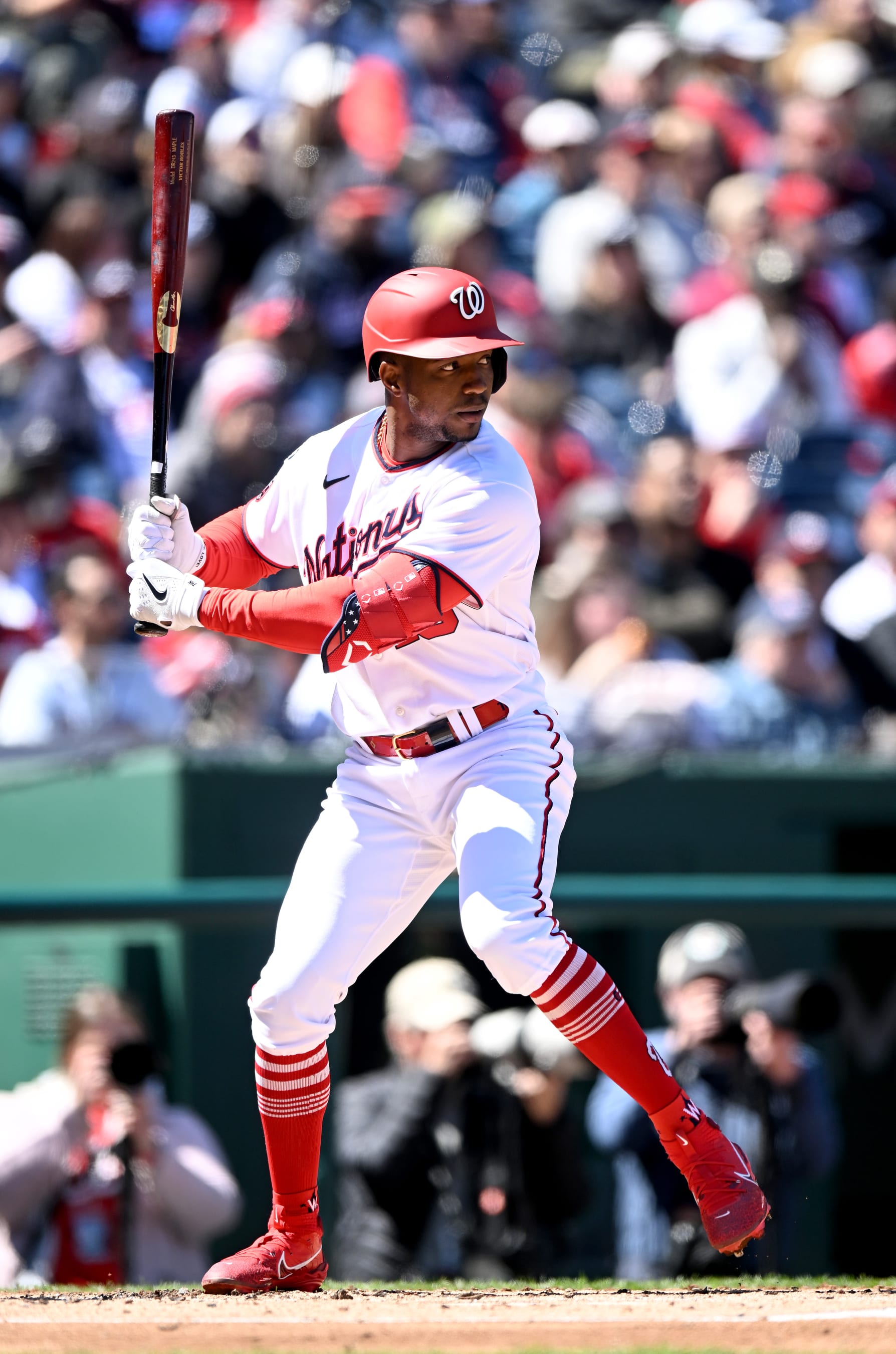 WASHINGTON, DC - APRIL 02: Victor Robles #16 of the Washington Nationals bats against the Atlanta Braves at Nationals Park on April 02, 2023 in Washington, DC. (Photo by G Fiume/Getty Images)