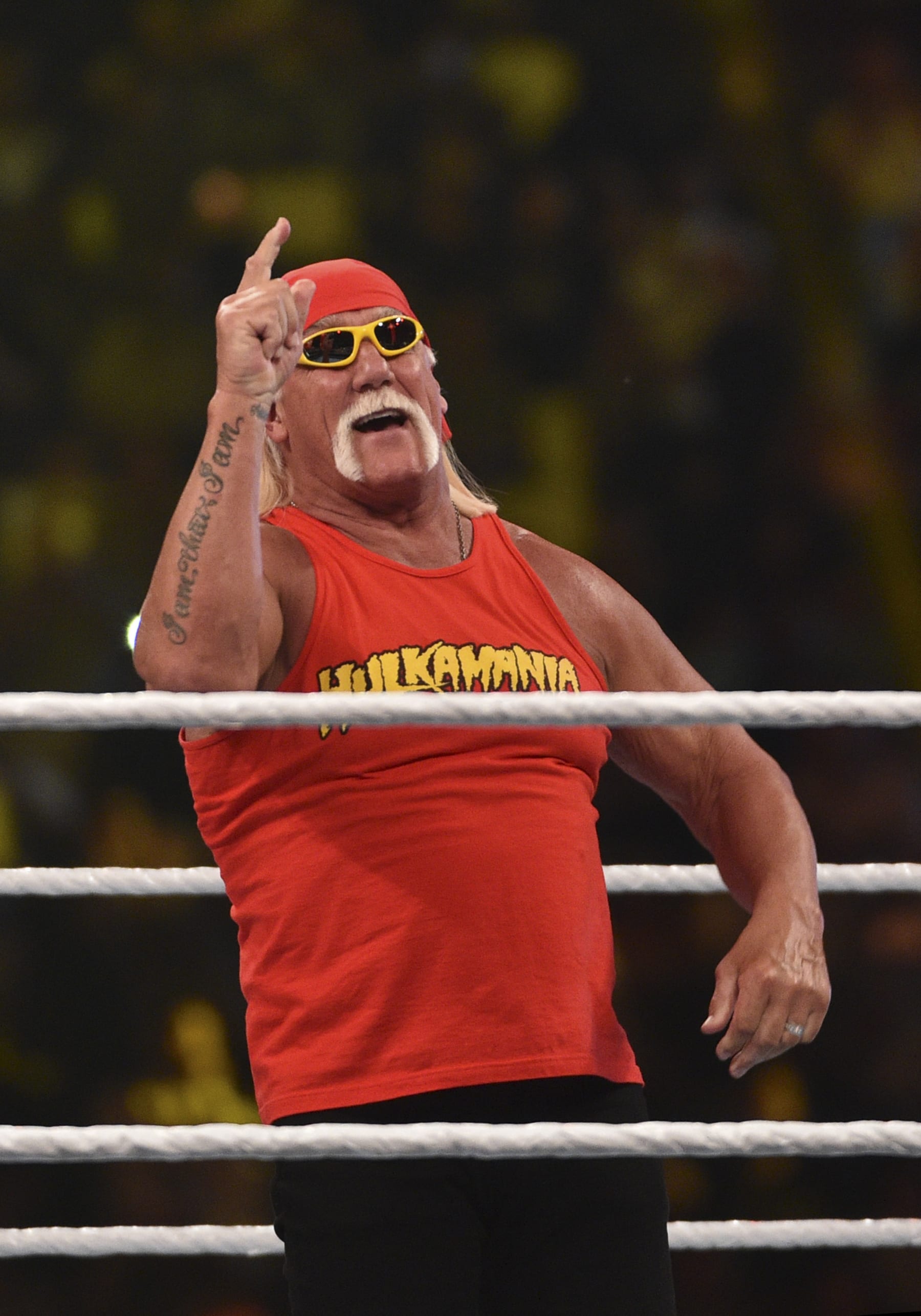 Wrestling legend Hulk Hogan greets the crowd during the World Wrestling Entertainment (WWE) Crown Jewel pay-per-view at the King Saud University Stadium in Riyadh on November 2, 2018. (Photo by Fayez Nureldine / AFP)        (Photo credit should read FAYEZ NURELDINE/AFP via Getty Images)