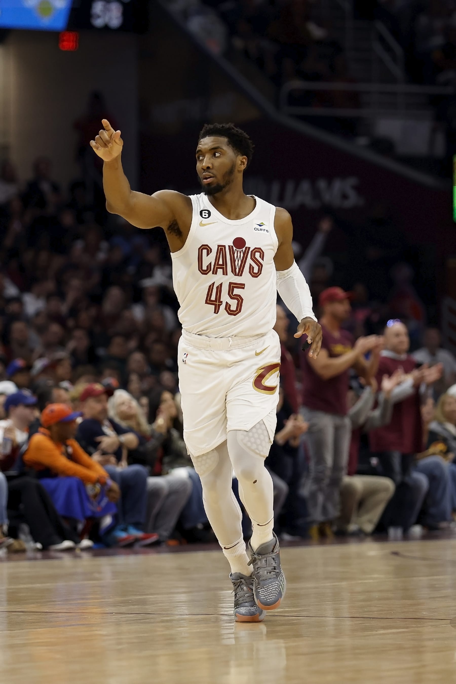 CLEVELAND, OH - APRIL 26:  Donovan Mitchell #45 of the Cleveland Cavaliers drops back on defense during Game Five of the Eastern Conference First Round Playoffs against the New York Knicks at Rocket Mortgage Fieldhouse on April 26, 2023 in Cleveland, Ohio. NOTE TO USER: User expressly acknowledges and agrees that, by downloading and or using this photograph, User is consenting to the terms and conditions of the Getty Images License Agreement. (Photo by Kirk Irwin/Getty Images)