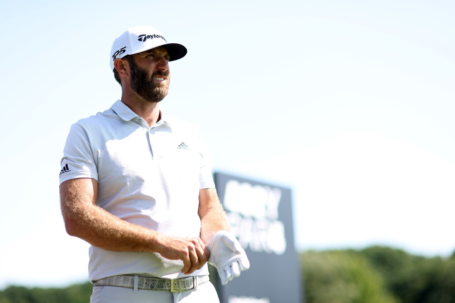 SUGAR GROVE, ILLINOIS - SEPTEMBER 13: Dustin Johnson on the first hole during a practice round prior to the LIV Golf Invitational - Chicago at Rich Harvest Farms on September 13, 2022 in Sugar Grove, Illinois. (Photo by Jonathan Ferrey/LIV Golf/via Getty Images)