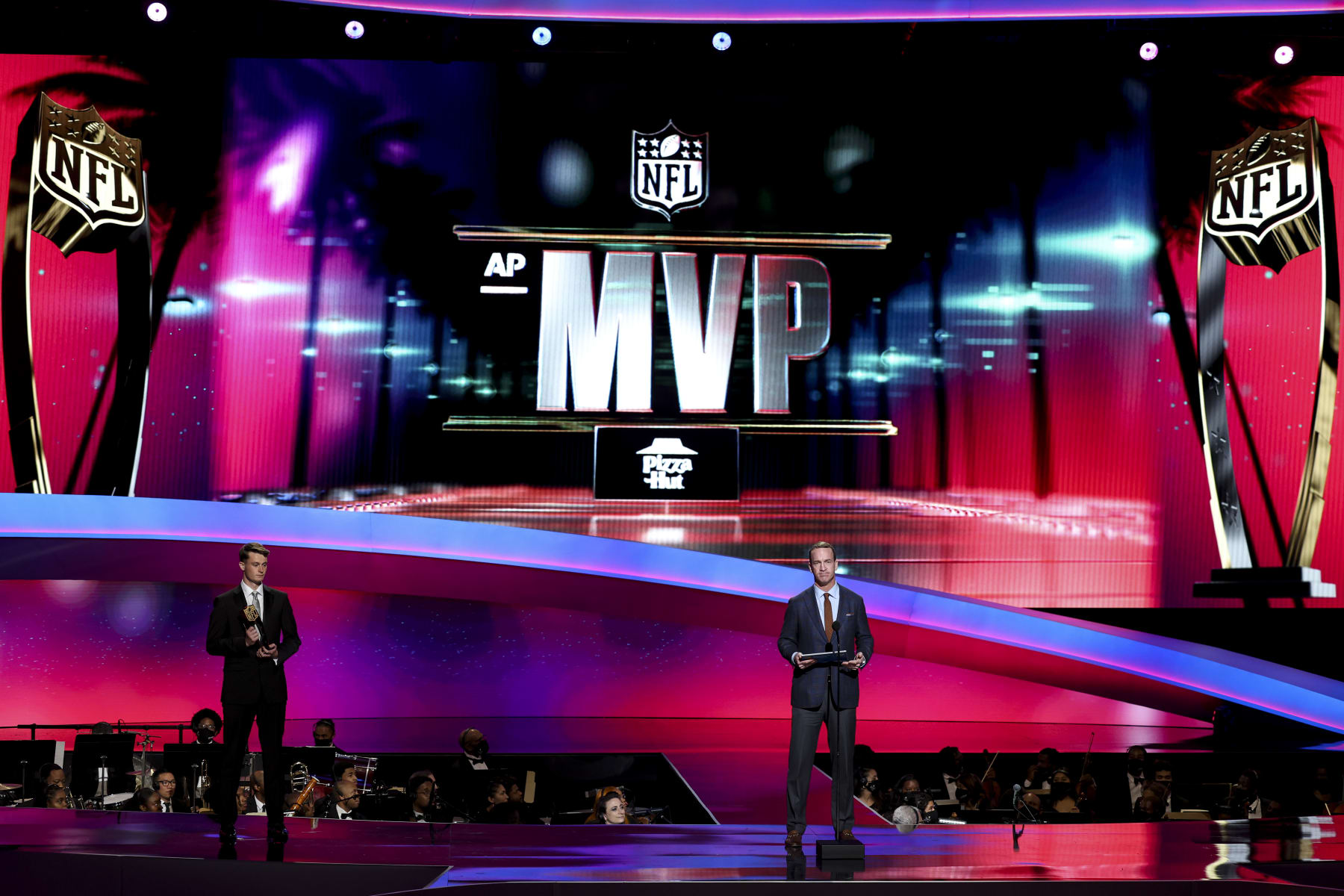 INGLEWOOD, CALIFORNIA - FEBRUARY 10: Peyton Manning presents the AP Most Valuable Player of the Year Award at the NFL Honors show at the YouTube Theater on February 10, 2022 in Inglewood, California. (Photo by Michael Owens/Getty Images)