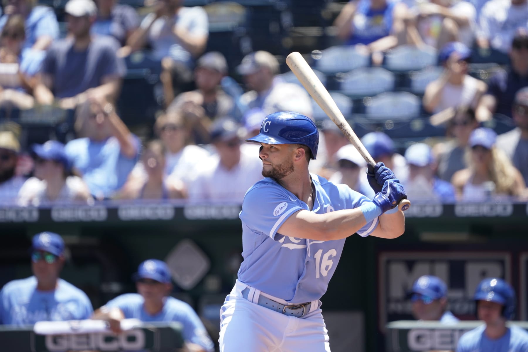 KANSAS CITY, MO - JULY 10: Andrew Benintendi #16 of the Kansas City Royals bats in action in the first inning against the Cleveland Guardians at Kauffman Stadium on July 10, 2022 in Kansas City, Missouri. (Photo by Ed Zurga/Getty Images)