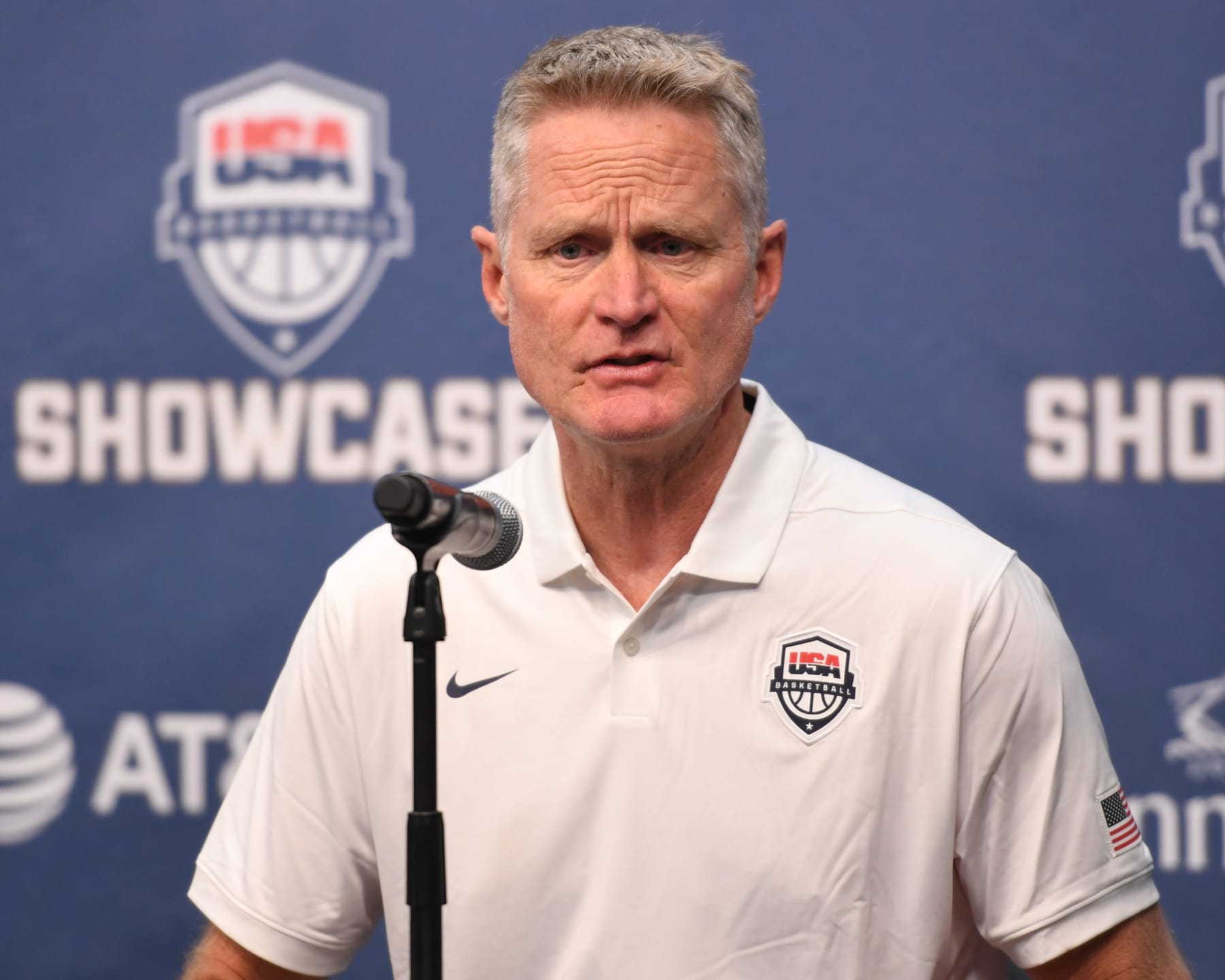 LAS VEGAS, NV - AUGUST 7: Steve Kerr Head Coach of the Senior Men's National Team talks to the media after the game During the 2023 FIBA World Cup Exhibition game on August 7, 2023 at T-Mobile Arena in Las Vegas, Nevada. NOTE TO USER: User expressly acknowledges and agrees that, by downloading and or using this photograph, User is consenting to the terms and conditions of the Getty Images License Agreement. Mandatory Copyright Notice: Copyright 2023 NBAE (Photo by Juan Ocampo/NBAE via Getty Images)