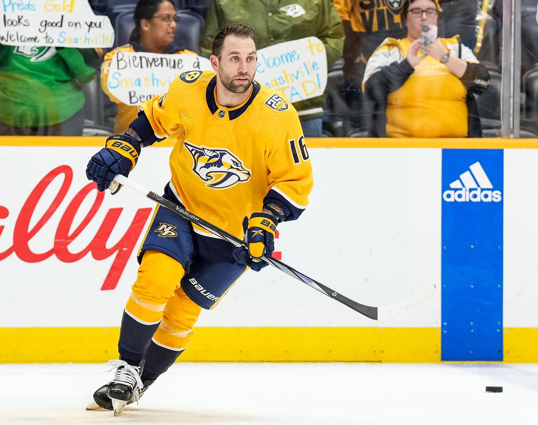NASHVILLE, TENNESSEE - MARCH 19: Jason Zucker #16 of the Nashville Predators warms up prior to a game against the San Jose Sharks during an NHL game at Bridgestone Arena on March 19, 2024 in Nashville, Tennessee. (Photo by John Russell/NHLI via Getty Images)