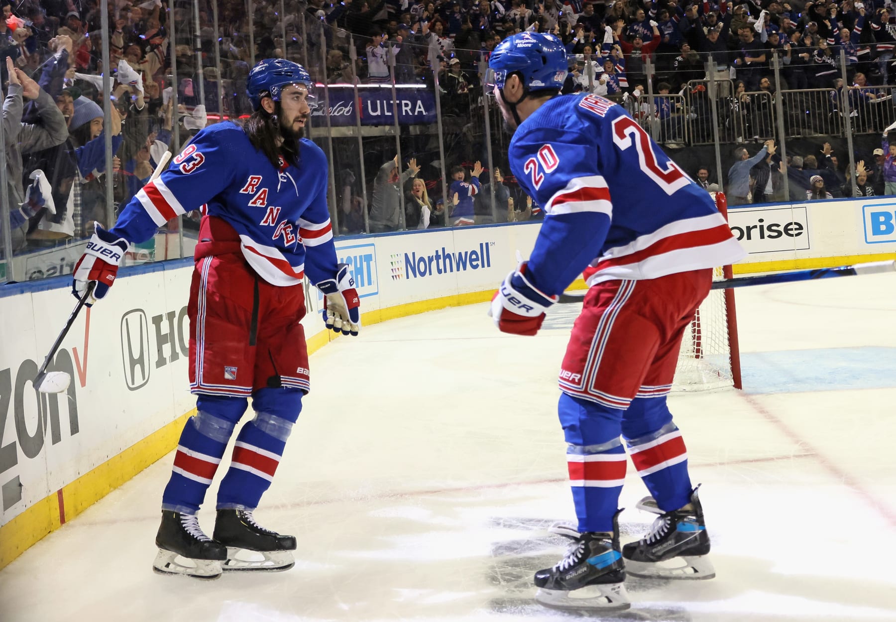 NEW YORK, NEW YORK - APRIL 29: Mika Zibanejad #93 of the New York Rangers celebrates his second period goal against the New Jersey Devils and is joined by Chris Kreider #20 (R) in Game Six of the First Round of the 2023 Stanley Cup Playoffs at Madison Square Garden on April 29, 2023 in New York, New York. (Photo by Bruce Bennett/Getty Images)