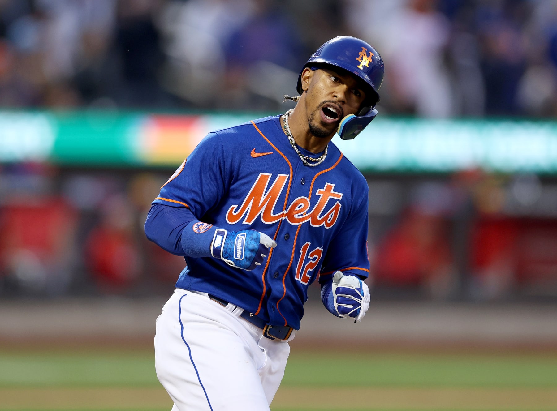 NEW YORK, NEW YORK - MAY 30:  Francisco Lindor #12 of the New York Mets celebrates his solo home run in the fourth inning against the Philadelphia Phillies at Citi Field on May 30, 2023 in the Flushing neighborhood of the Queens borough of New York City. (Photo by Elsa/Getty Images)