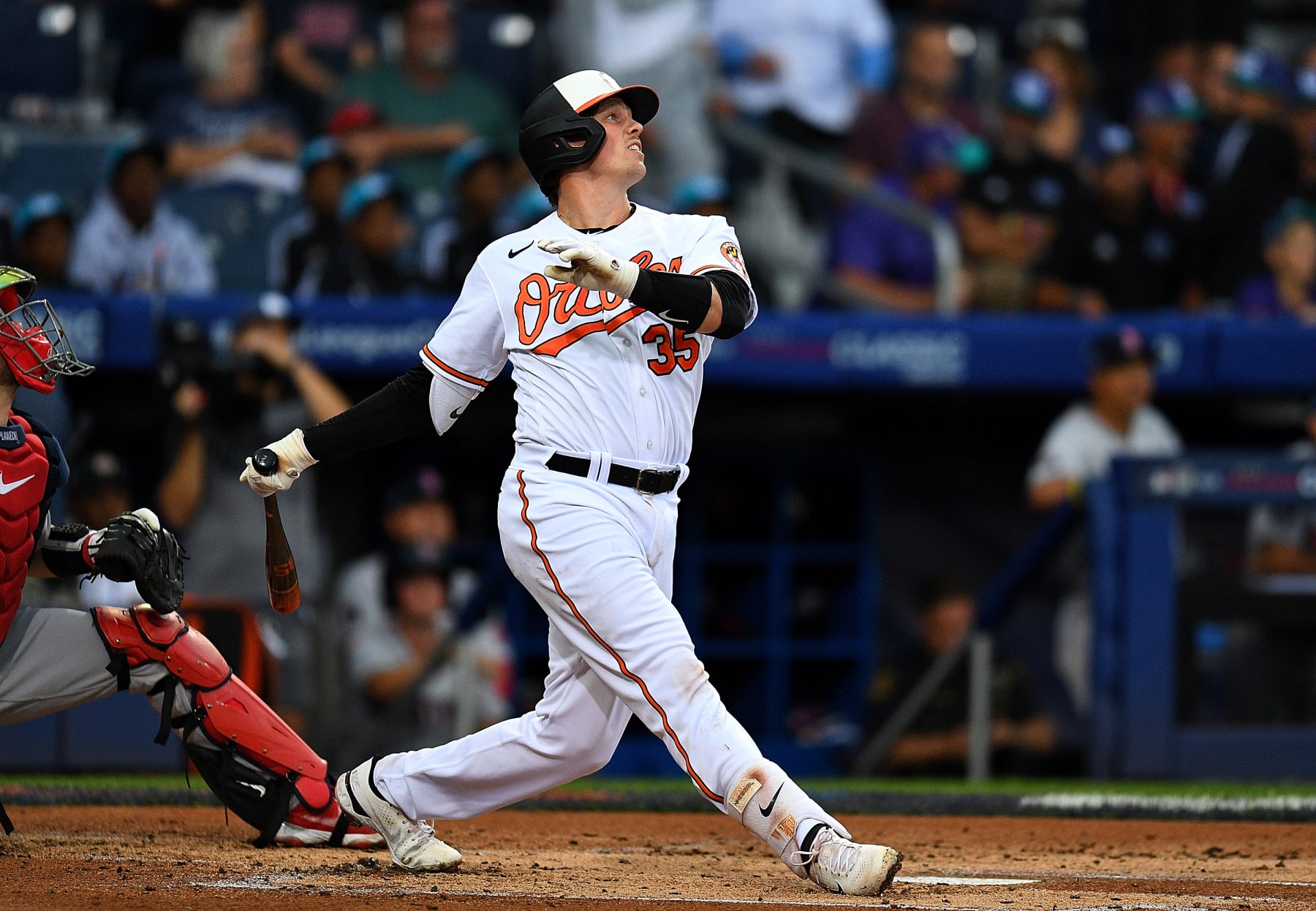 SOUTH WILLIAMSPORT, PA - AUGUST 21:  Adley Rutschman #35 of the Baltimore Orioles in action during the game against the Boston Red Sox at Bowman Field on August 21, 2022 in South Williamsport, Pennsylvania. (Photo by Joe Sargent/Getty Images)
