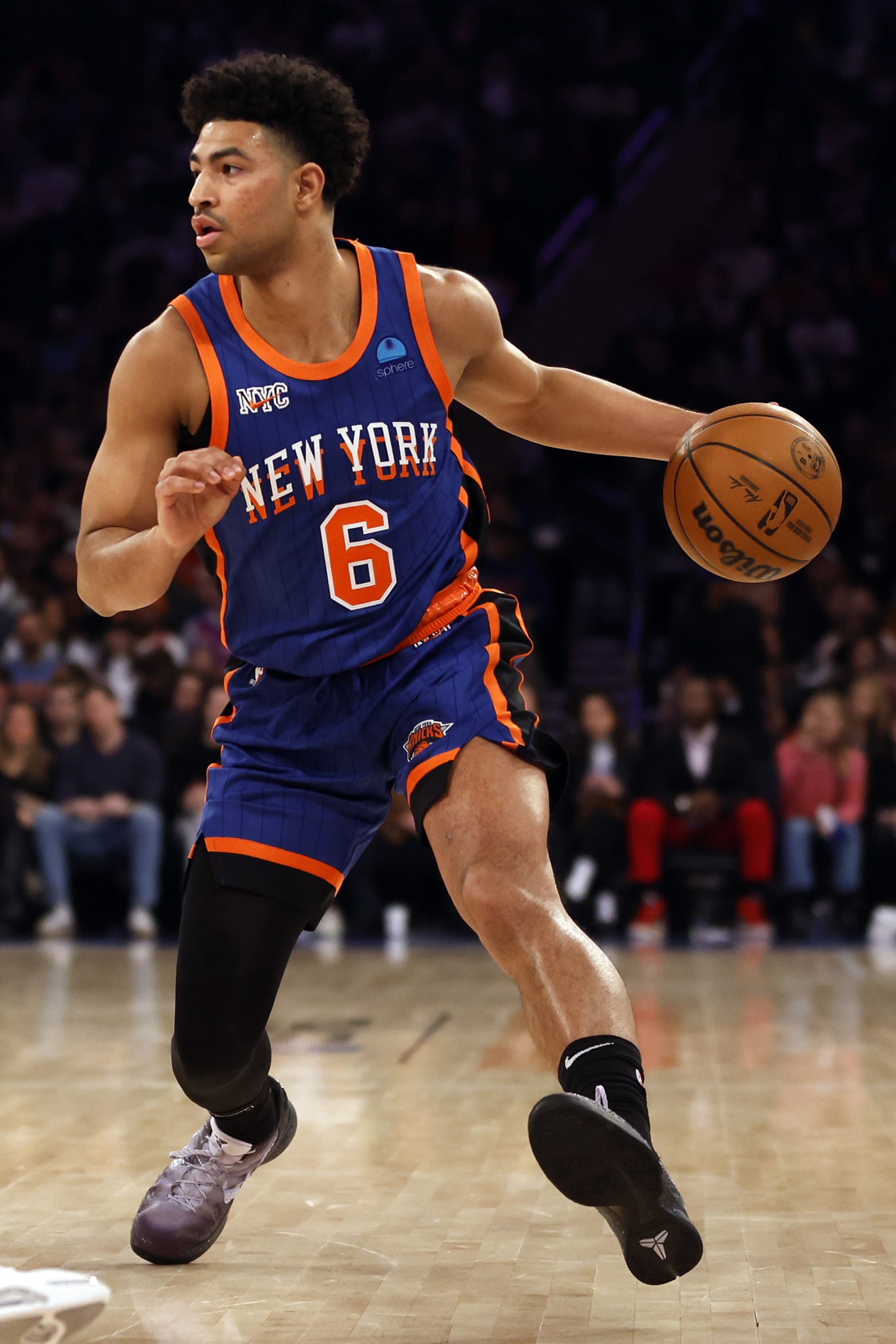 NEW YORK, NEW YORK - JANUARY 20: Quentin Grimes #6 of the New York Knicks dribbles during the first half against the Toronto Raptors at Madison Square Garden on January 20, 2024 in New York City. NOTE TO USER: User expressly acknowledges and agrees that, by downloading and/or using this Photograph, user is consenting to the terms and conditions of the Getty Images License Agreement. (Photo by Sarah Stier/Getty Images)
