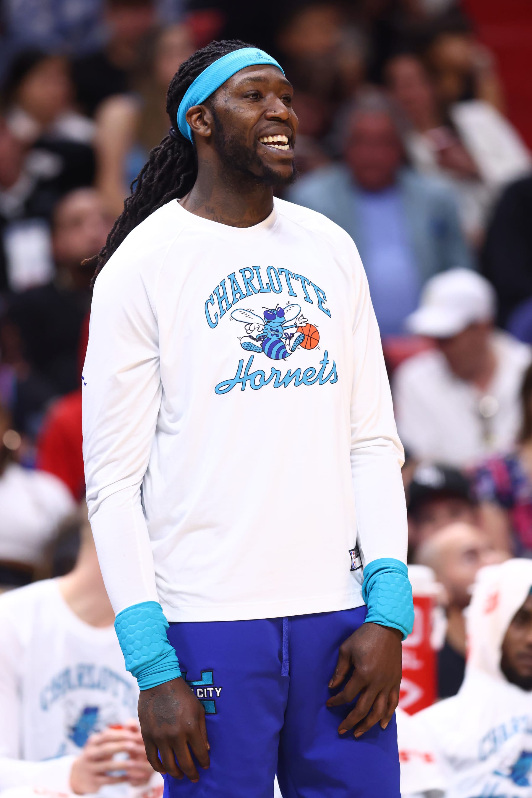 MIAMI, FLORIDA - APRIL 05: Montrezl Harrell #8 of the Charlotte Hornets looks on against the Miami Heat during the second half at FTX Arena on April 05, 2022 in Miami, Florida. NOTE TO USER: User expressly acknowledges and agrees that, by downloading and or using this photograph, User is consenting to the terms and conditions of the Getty Images License Agreement.  (Photo by Michael Reaves/Getty Images)