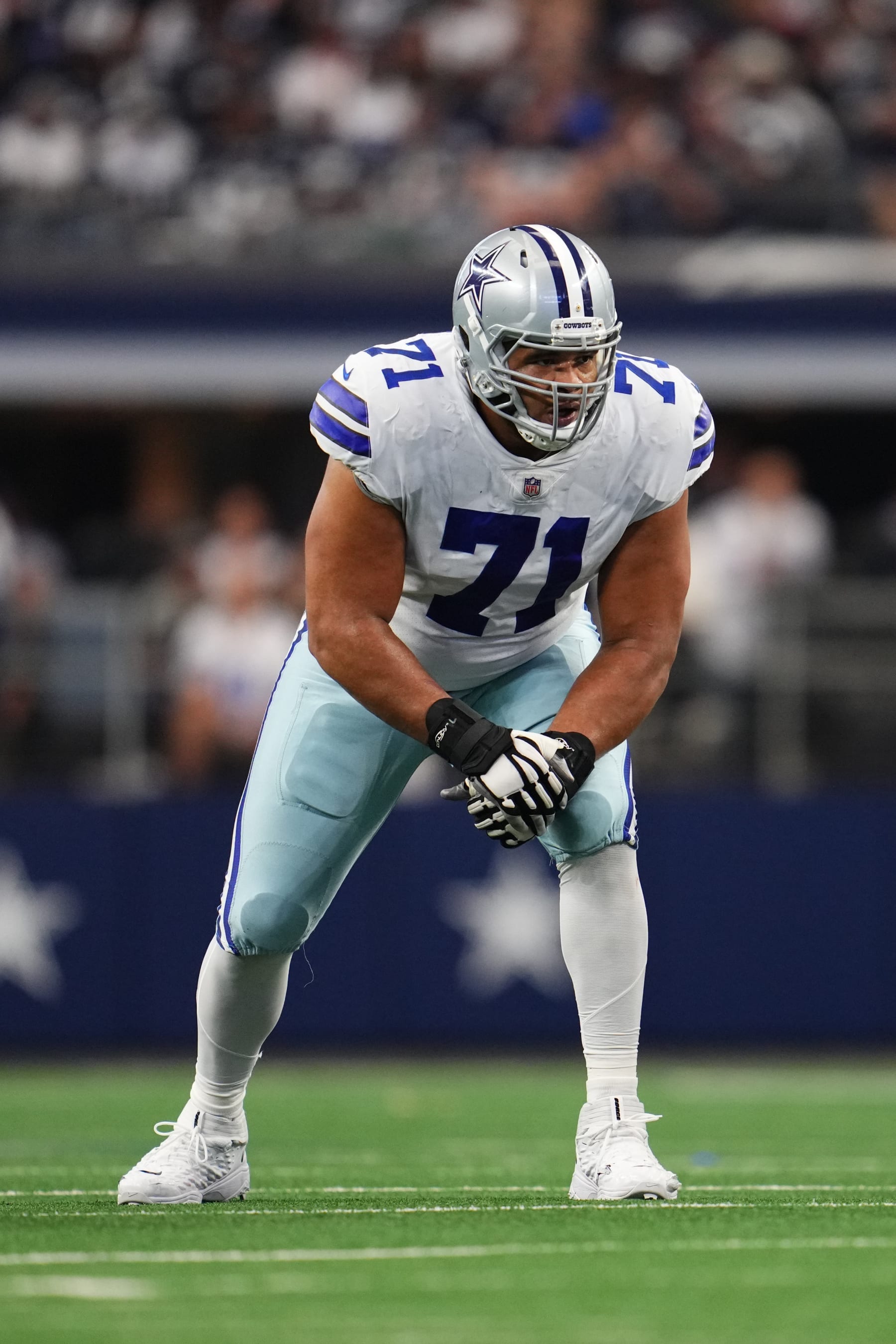 ARLINGTON, TEXAS - NOVEMBER 14: Lael Collins #71 of the Dallas Cowboys gets set against the Atlanta Falcons during an NFL game at AT&T Stadium on November 14, 2021 in Arlington, Texas. (Photo by Cooper Neill/Getty Images)