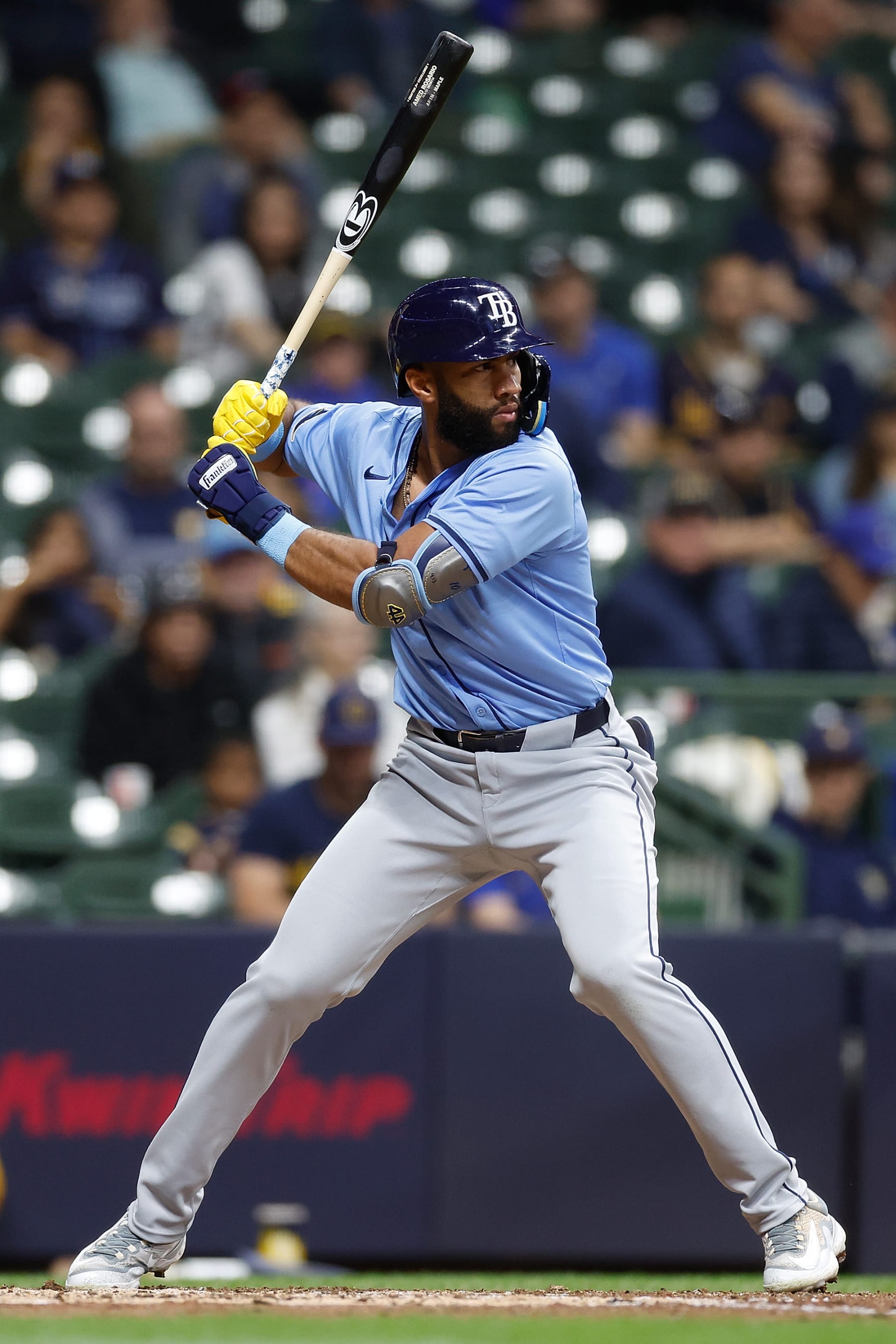 MILWAUKEE, WISCONSIN - APRIL 30: Amed Rosario #10 of the Tampa Bay Rays up to bat during the game against the Milwaukee Brewers at American Family Field on April 30, 2024 in Milwaukee, Wisconsin. (Photo by John Fisher/Getty Images)