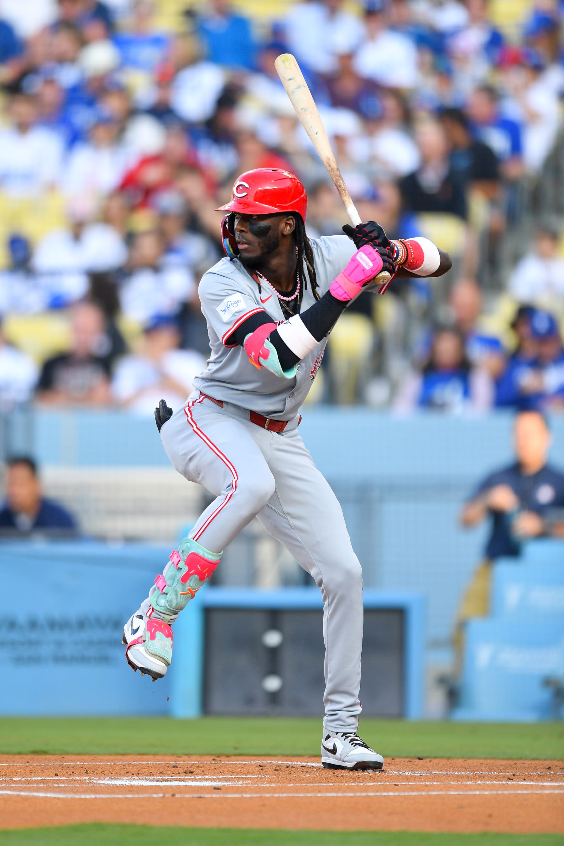 LOS ANGELES, CA - MAY 18: Cincinnati Reds shortstop Elly De La Cruz (44) at bat during the MLB game between the Cincinnati Reds and the Los Angeles Dodgers on May 18, 2024 at Dodger Stadium in Los Angeles, CA. (Photo by Brian Rothmuller/Icon Sportswire via Getty Images)