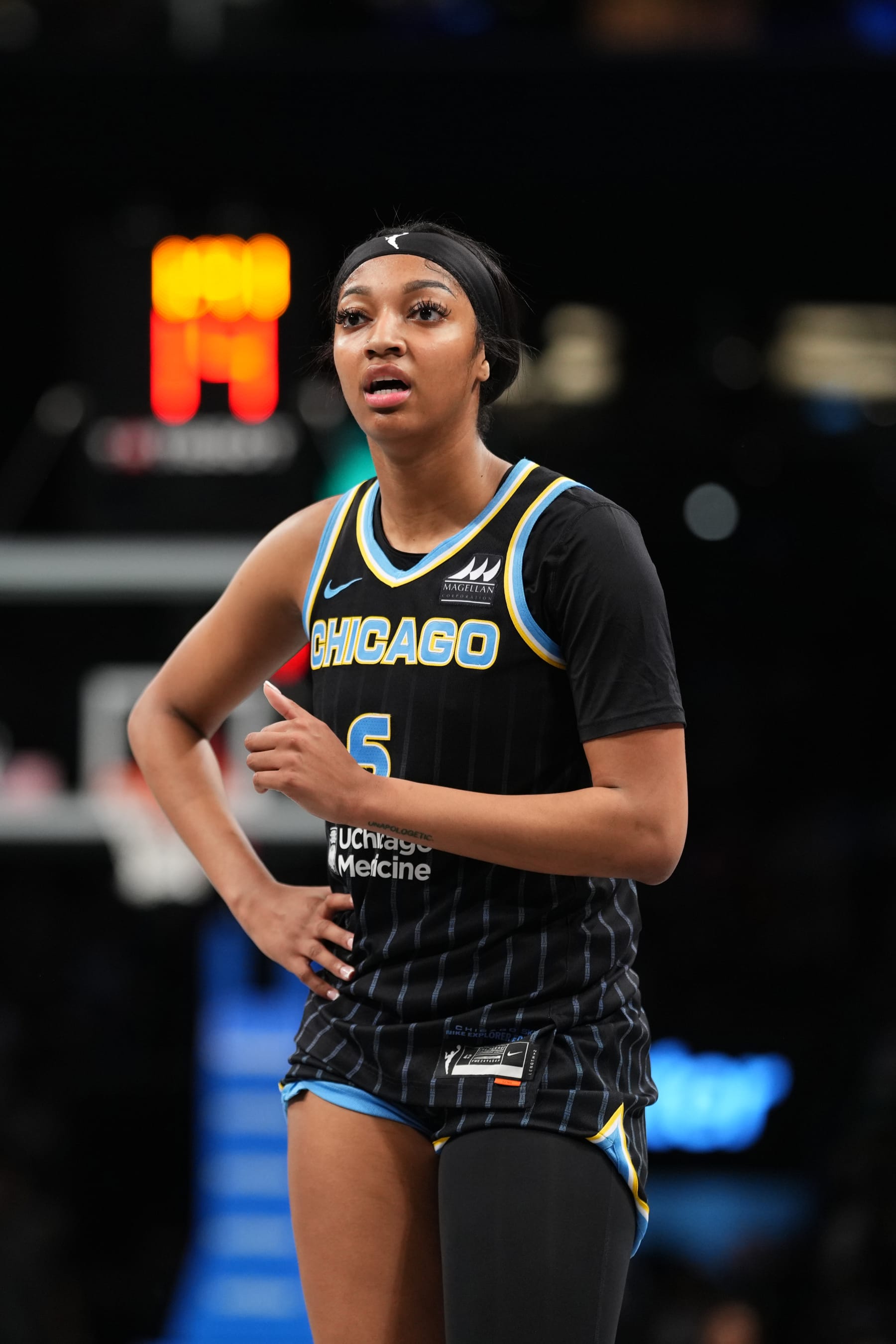BROOKLYN, NY - MAY 23: Angel Reese #5 of the Chicago Sky looks on during the game against the New York Liberty on May 23, 2024 in Brooklyn, New York. NOTE TO USER: User expressly acknowledges and agrees that, by downloading and or using this photograph, user is consenting to the terms and conditions of the Getty Images License Agreement. Mandatory Copyright Notice: Copyright 2024 NBAE (Photo by Evan Yu/NBAE via Getty Images)