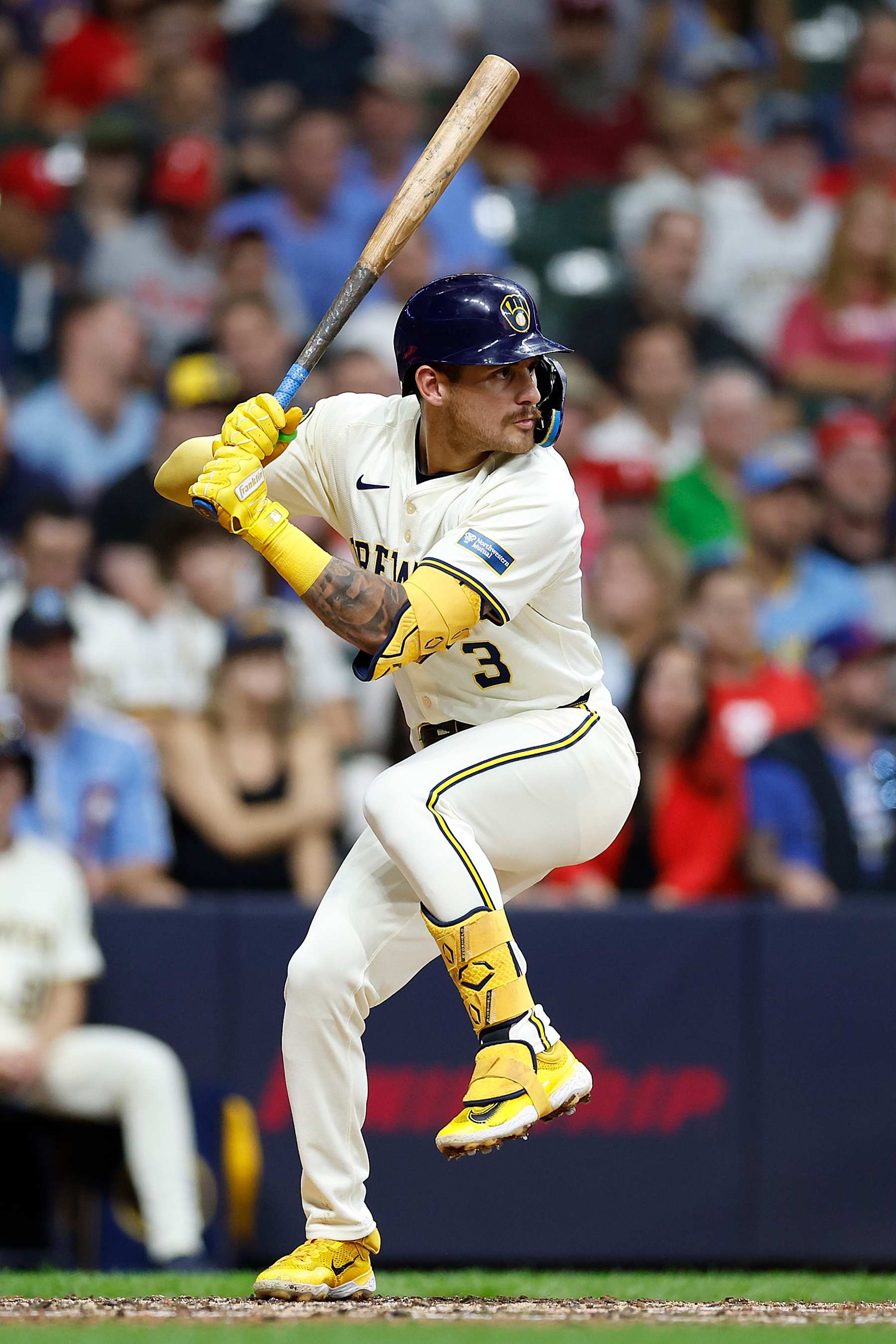 MILWAUKEE, WISCONSIN - SEPTEMBER 17: Joey Ortiz #3 of the Milwaukee Brewers up to bat against the Philadelphia Phillies at American Family Field on September 17, 2024 in Milwaukee, Wisconsin. (Photo by John Fisher/Getty Images)