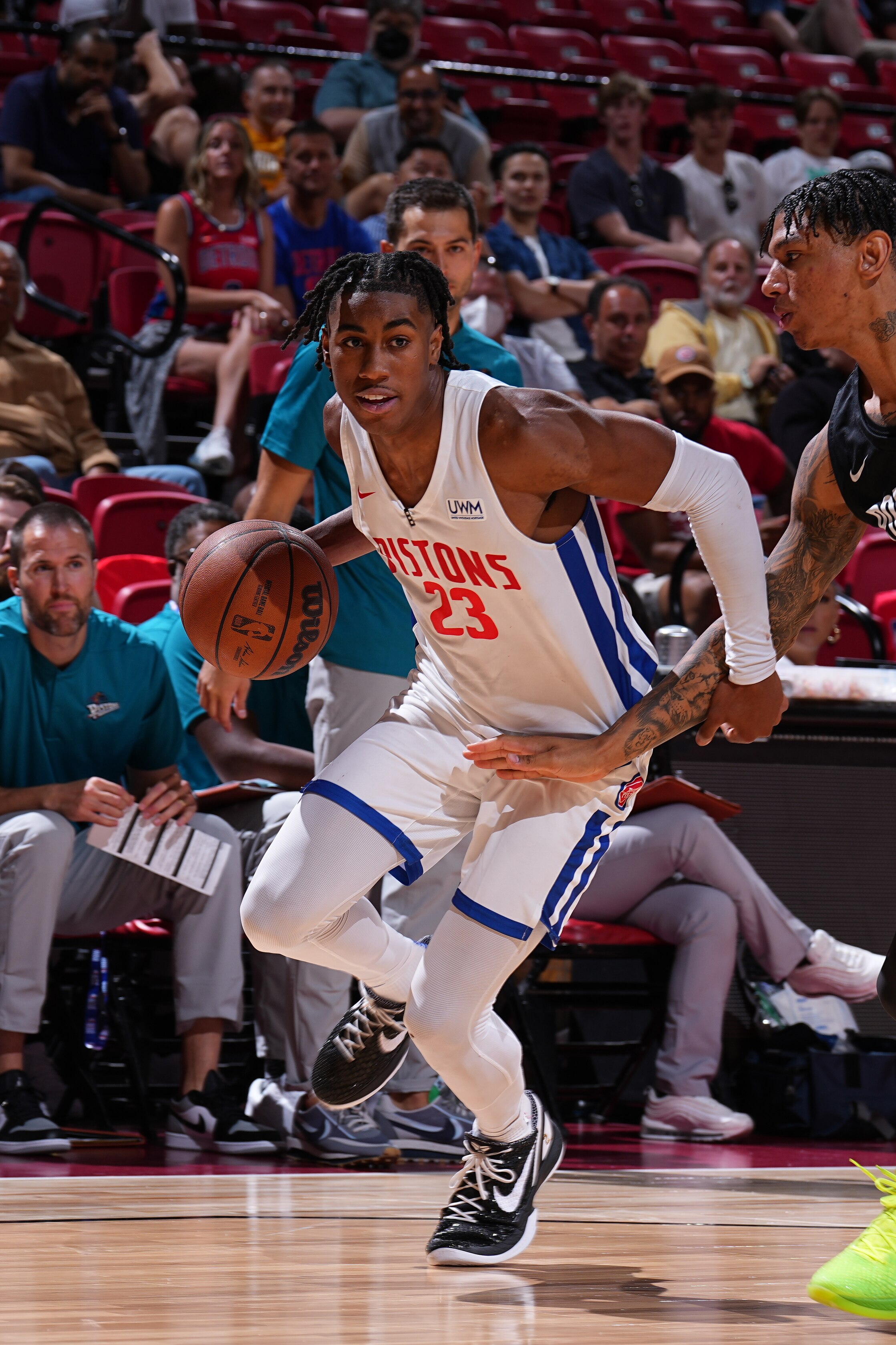 LAS VEGAS, NV - JULY 7: Jaden Ivey #23 of the Detroit Pistons drives to the basket against the Portland Trail Blazers during the 2022 Las Vegas Summer League on July 7, 2022 at the Cox Pavilion in Las Vegas, Nevada NOTE TO USER: User expressly acknowledges and agrees that, by downloading and/or using this Photograph, user is consenting to the terms and conditions of the Getty Images License Agreement. Mandatory Copyright Notice: Copyright 2022 NBAE (Photo by Garrett Ellwood/NBAE via Getty Images)