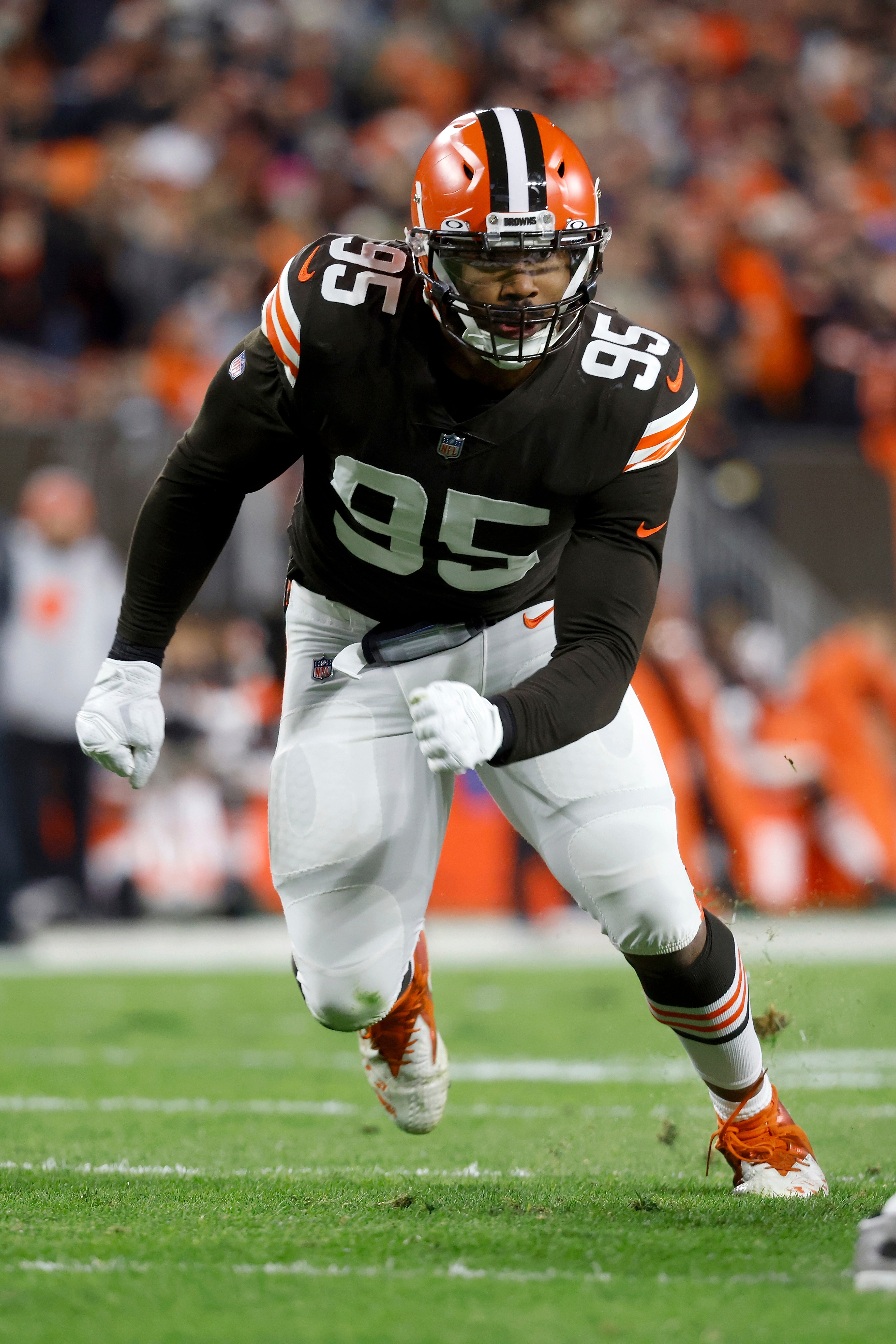Cleveland Browns defensive end Myles Garrett (95) runs off of the line of scrimmage during an NFL football game against the Las Vegas Raiders, Monday, Dec. 20, 2021, in Cleveland. (AP Photo/Kirk Irwin)