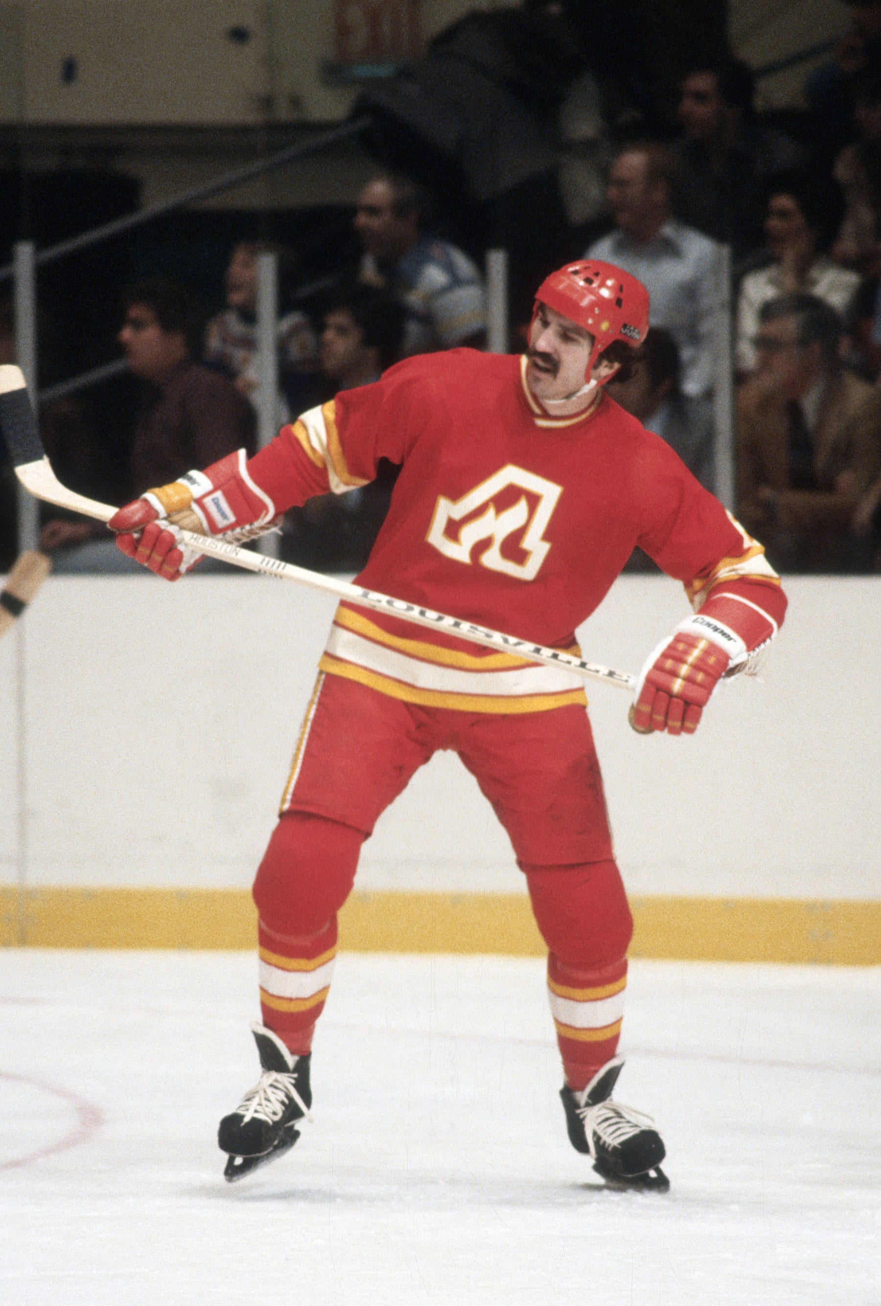 NEW YORK - CIRCA 1978: Ken Houston #6 of the Atlanta Flames skates against New York Rangers during an NHL Hockey game circa 1978 at Madison Square Garden in the Manhattan borough of New York City. Houston's playing career went from 1975-84. (Photo by Focus on Sport/Getty Images)