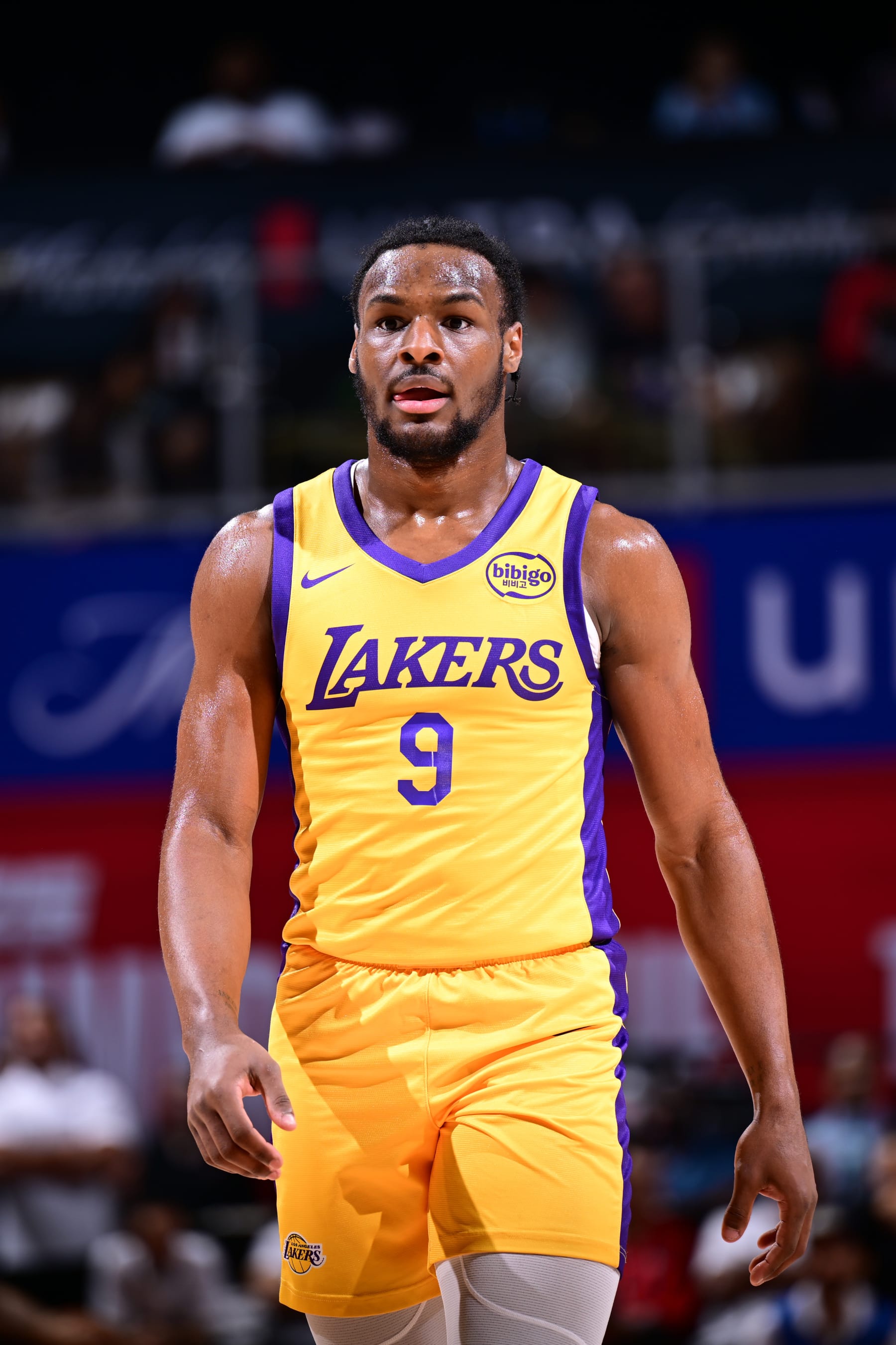 LAS VEGAS, NV - JULY 18:  Bronny James Jr. #9 of the Los Angeles Lakers looks on during the game on July 18, 2024 at the Thomas & Mack Center in Las Vegas, Nevada. NOTE TO USER: User expressly acknowledges and agrees that, by downloading and or using this photograph, User is consenting to the terms and conditions of the Getty Images License Agreement. Mandatory Copyright Notice: Copyright 2024 NBAE (Photo by Adam Hagy/NBAE via Getty Images)