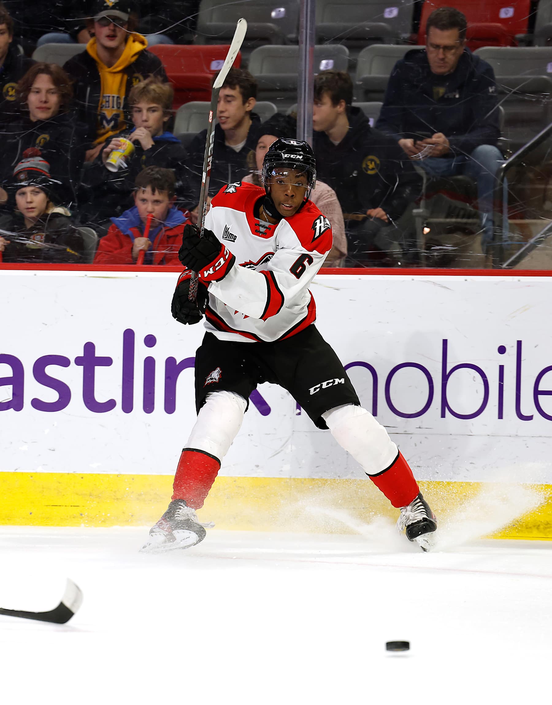 MONCTON, CANADA - NOVEMBER 25: Bill Zonnon of Rouyn- Noranda passes puck against Moncton Wildcats at the Avenir Centre on November 25, 2022 in Moncton, New Brunswick, Canada. (Photo by Dale Preston/Getty Images)