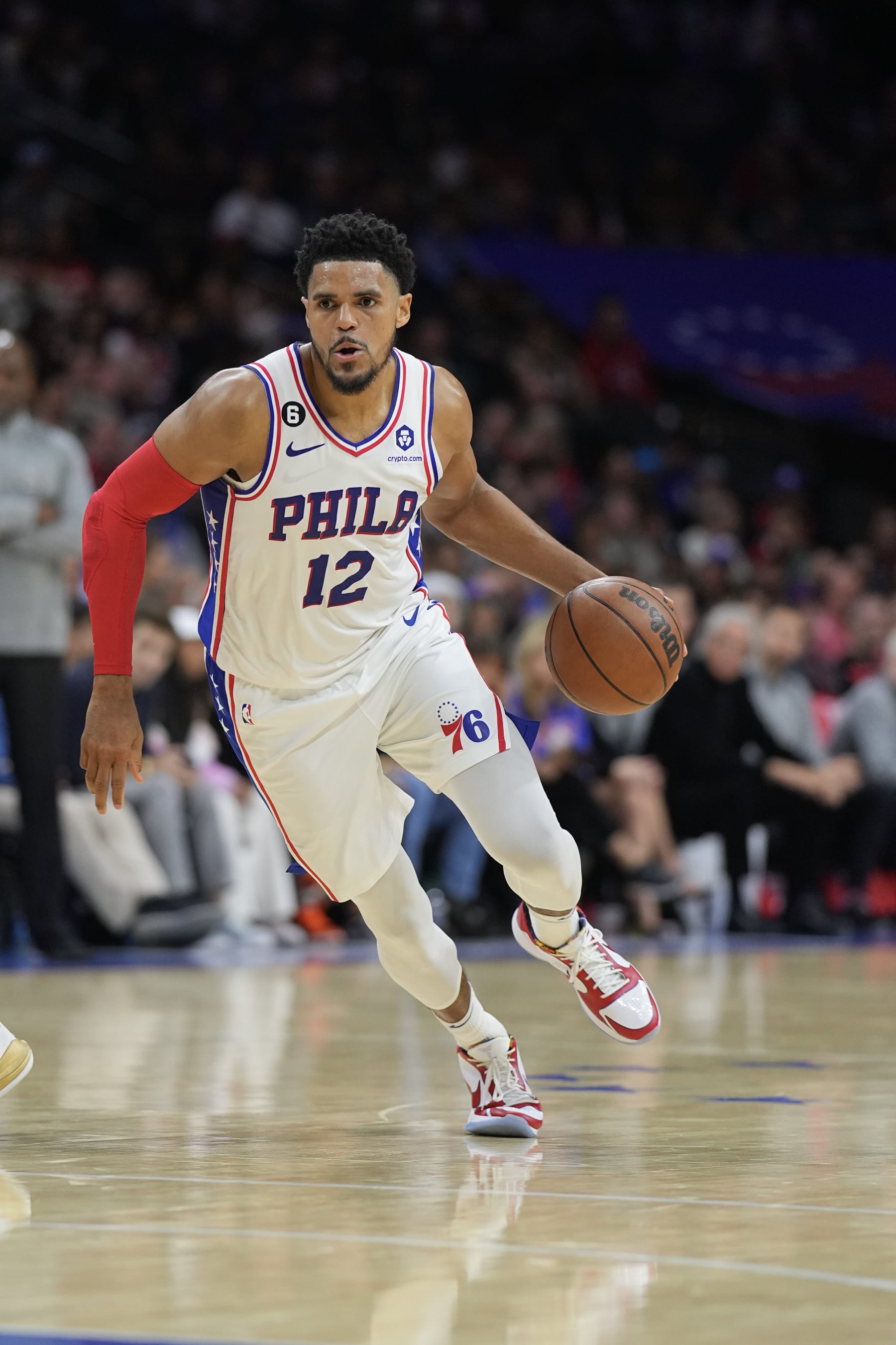 PHILADELPHIA, PA - NOVEMBER 12: Tobias Harris #12 of the Philadelphia 76ers dribbles the ball against the Atlanta Hawks at the Wells Fargo Center on November 12, 2022 in Philadelphia, Pennsylvania. NOTE TO USER: User expressly acknowledges and agrees that, by downloading and or using this photograph, User is consenting to the terms and conditions of the Getty Images License Agreement. (Photo by Mitchell Leff/Getty Images)