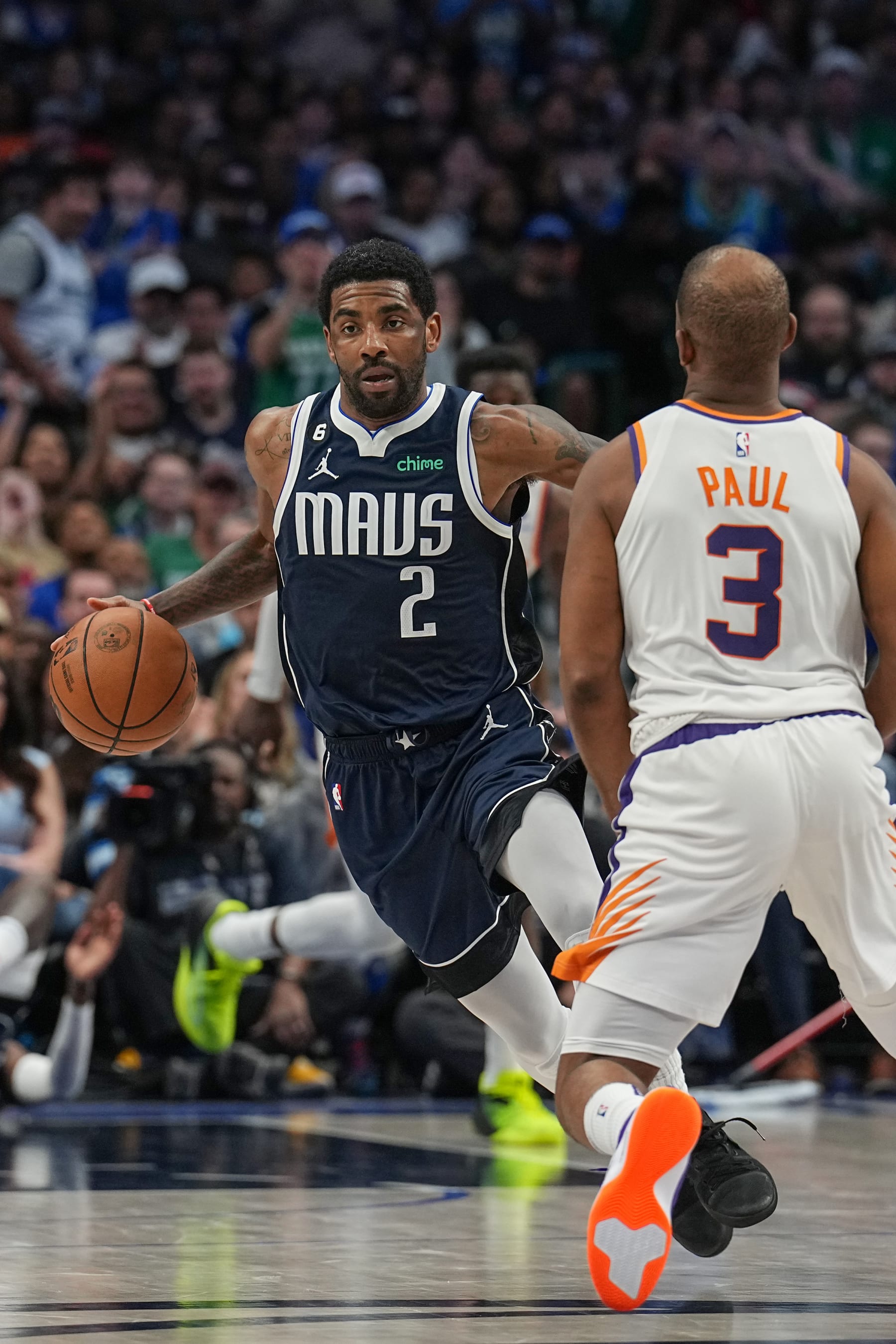 DALLAS, TX - MARCH 5:  Kyrie Irving #2 of the Dallas Mavericks goes to the basket during the game on March 5, 2023 at the American Airlines Center in Dallas, Texas. NOTE TO USER: User expressly acknowledges and agrees that, by downloading and or using this photograph, User is consenting to the terms and conditions of the Getty Images License Agreement. Mandatory Copyright Notice: Copyright 2023 NBAE (Photo by Glenn James/NBAE via Getty Images)