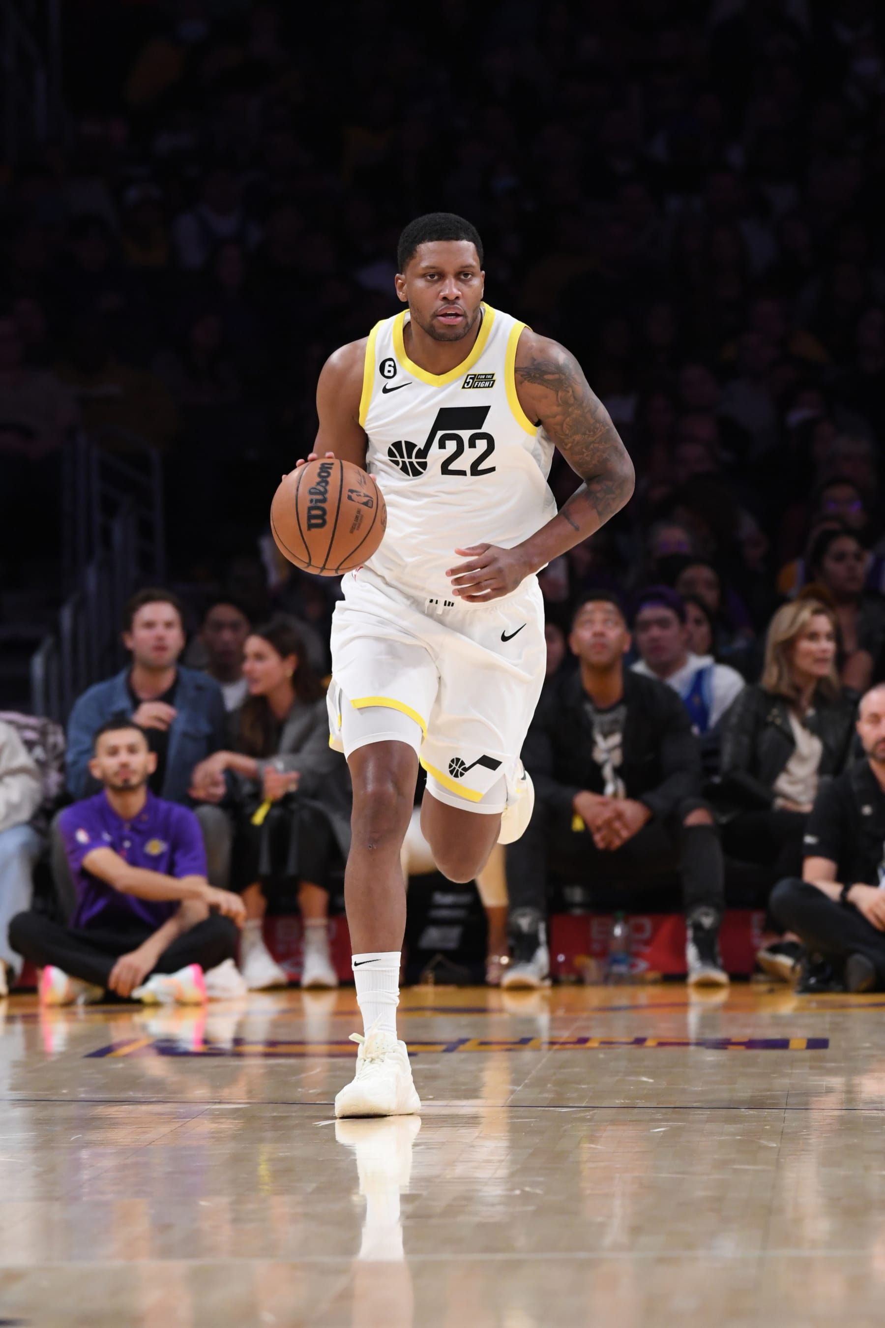 LOS ANGELES, CA - NOVEMBER 4: Rudy Gay #22 of the Utah Jazz dribbles the ball during the game against the Los Angeles Lakers on November 4, 2022 at Crypto.Com Arena in Los Angeles, California. NOTE TO USER: User expressly acknowledges and agrees that, by downloading and/or using this Photograph, user is consenting to the terms and conditions of the Getty Images License Agreement. Mandatory Copyright Notice: Copyright 2022 NBAE (Photo by Juan Ocampo/NBAE via Getty Images)