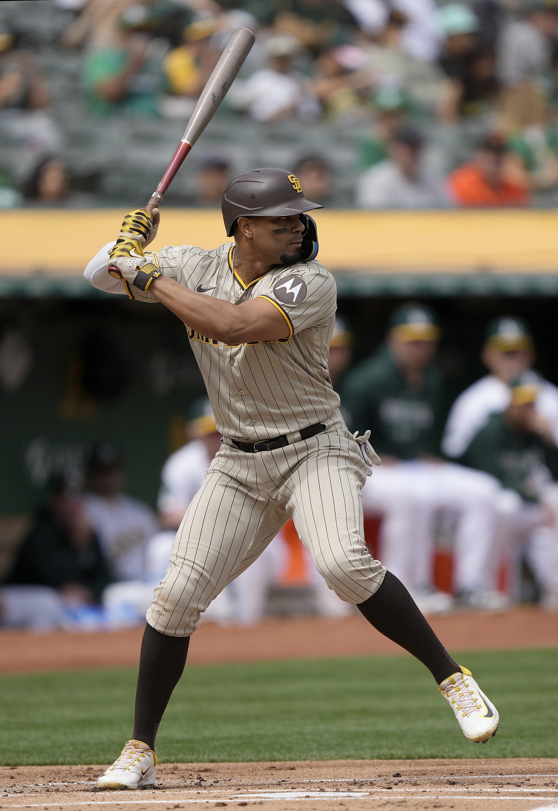 OAKLAND, CALIFORNIA - SEPTEMBER 16: Xander Bogaerts #2 of the San Diego Padres bats against the Oakland Athletics in the top of the first inning at RingCentral Coliseum on September 16, 2023 in Oakland, California. (Photo by Thearon W. Henderson/Getty Images)