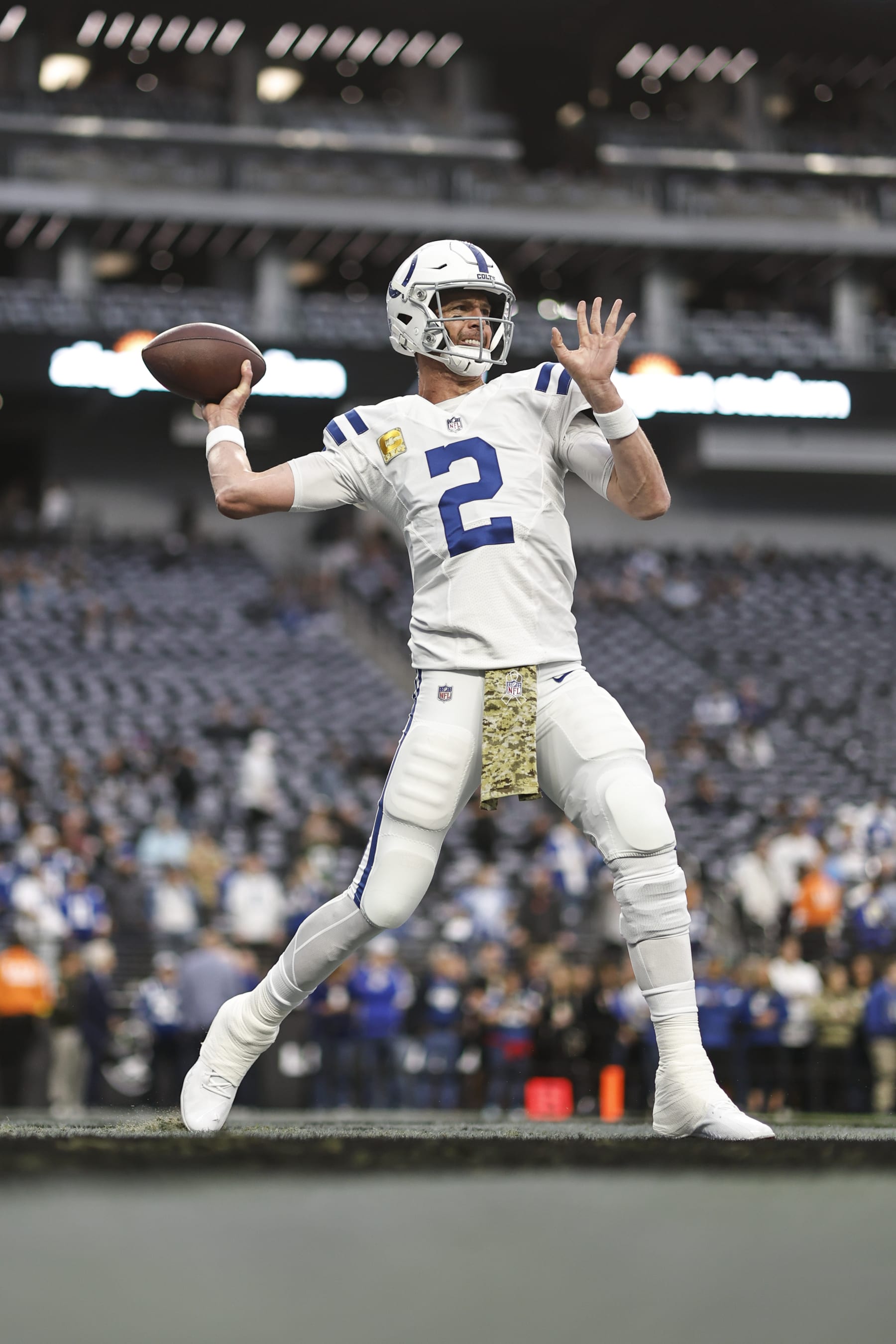 LAS VEGAS, NEVADA - NOVEMBER 13: Matt Ryan #2 of the Indianapolis Colts passes as he warms up prior to an NFL game between the Las Vegas Raiders and the Indianapolis Colts at Allegiant Stadium on November 13, 2022 in Las Vegas, Nevada. (Photo by Michael Owens/Getty Images)