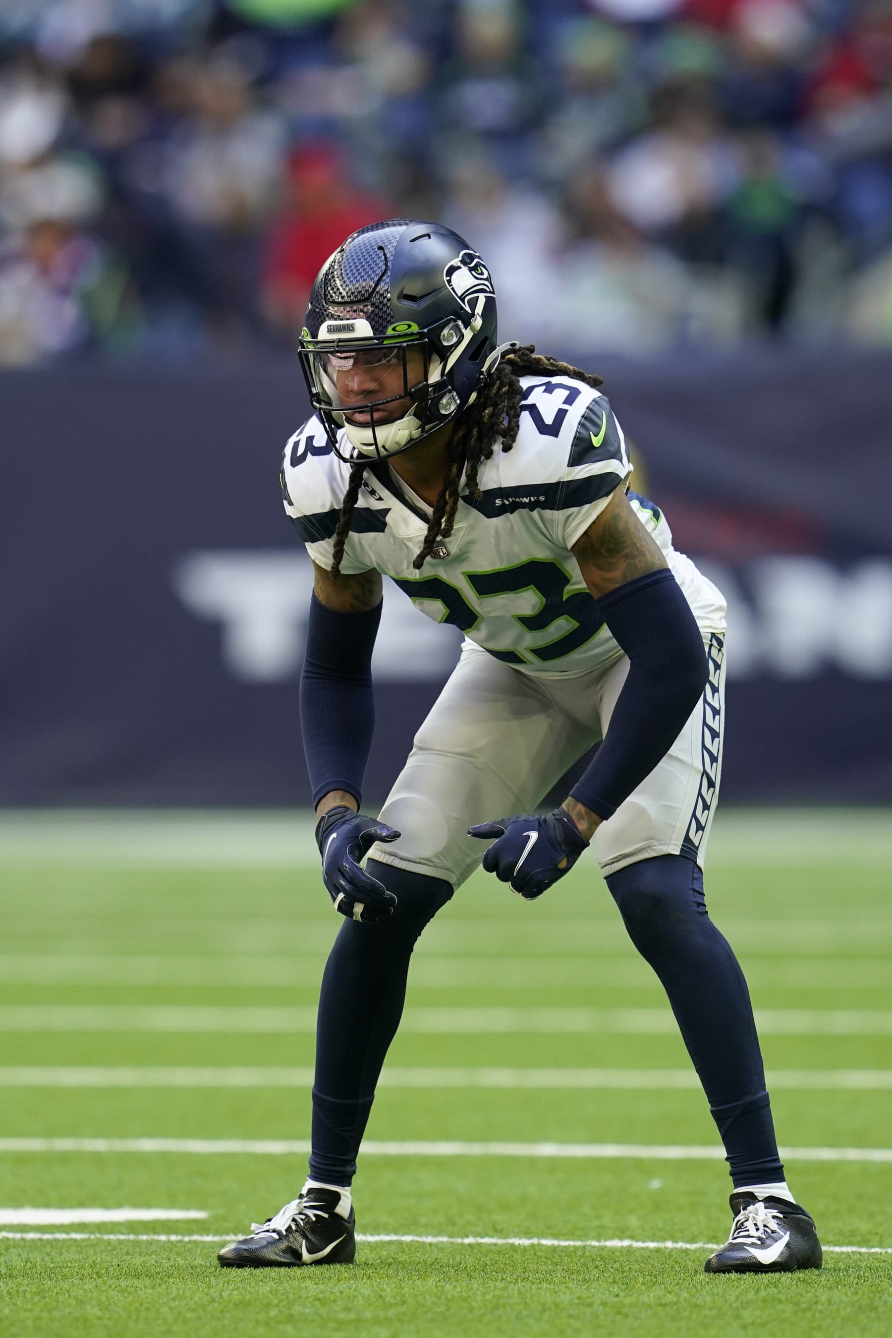 Seattle Seahawks defensive back Sidney Jones IV (23) lines up for the snap during an NFL football game against the Houston Texans, Sunday, Dec. 12, 2021, in Houston. (AP Photo/Matt Patterson)