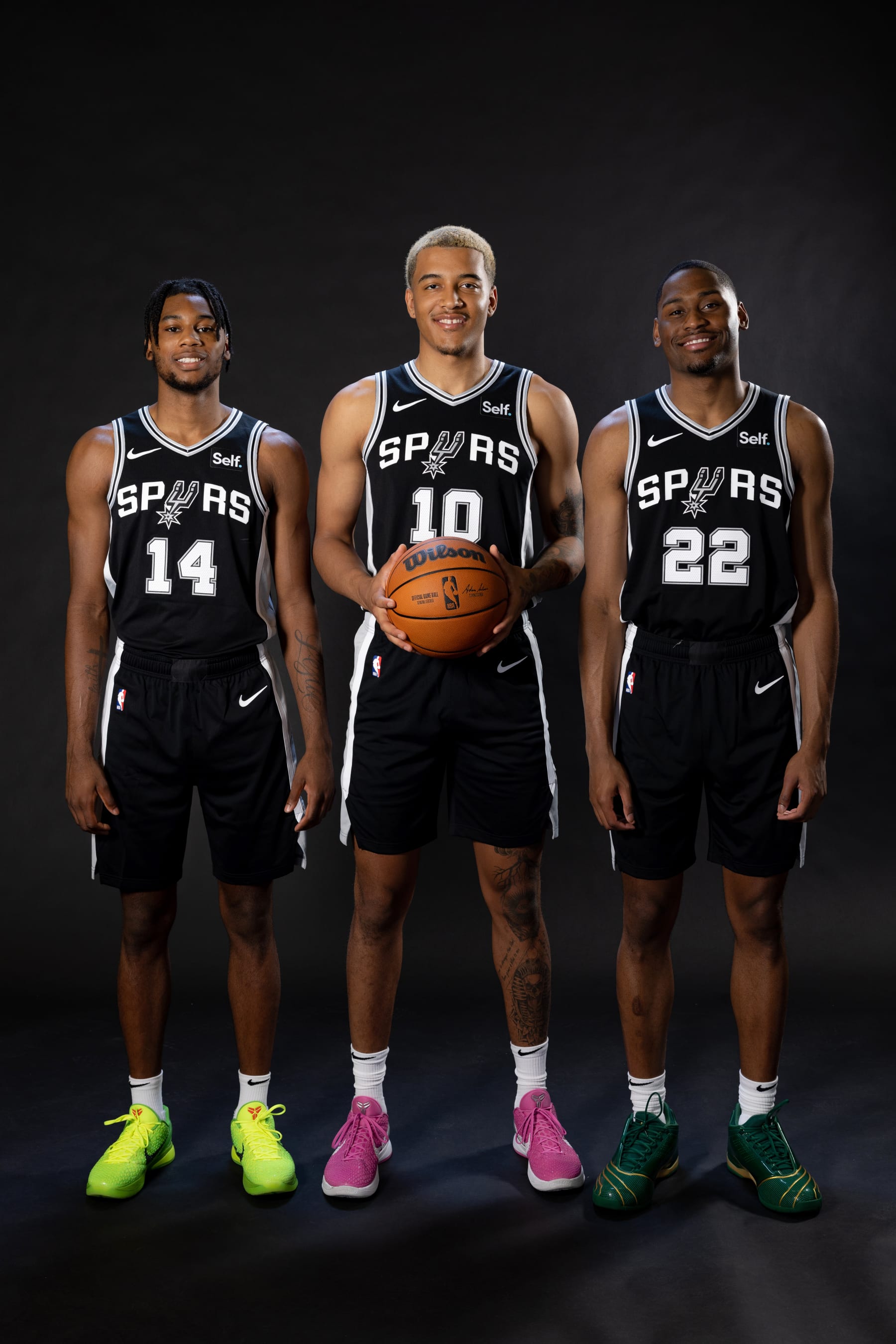 LAS VEGAS, NV - JULY 15:  Blake Wesley #14, Jeremy Sochan #10 and Malaki Branham #22 of the San Antonio Spurs pose for a portrait during 2022 NBA Rookie Photo Shoot on July 15, 2022 at UNLV Campus in Las Vegas, Nevada. NOTE TO USER: User expressly acknowledges and agrees that, by downloading and/or using this Photograph, user is consenting to the terms and conditions of the Getty Images License Agreement. Mandatory Copyright Notice: Copyright 2022 NBAE (Photo by Michael J. LeBrecht II/NBAE via Getty Images)