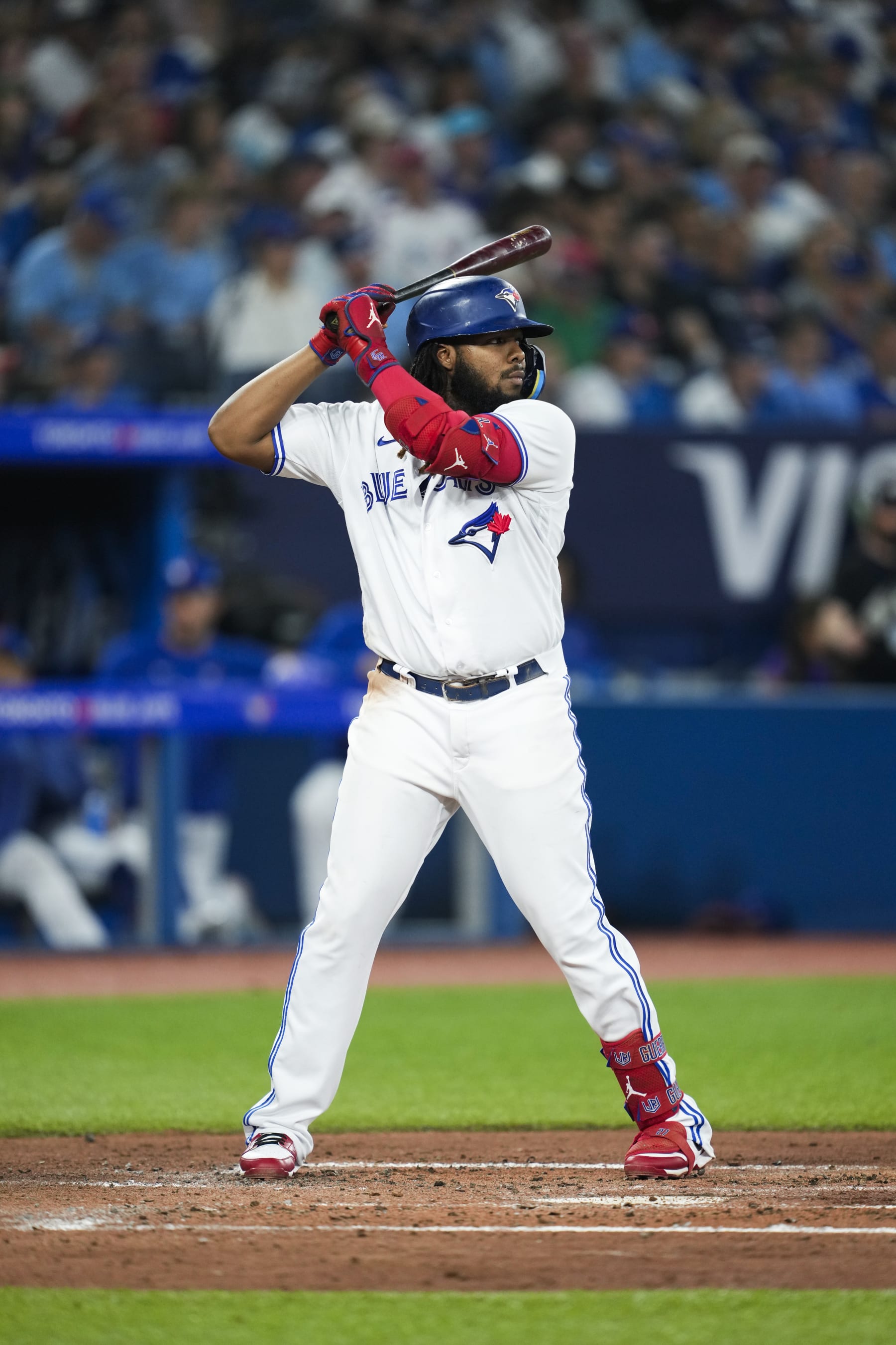 TORONTO, ON - JUNE 28: Vladimir Guerrero Jr. #27 of Toronto Blue Jays takes an at bat against the San Francisco Giants during the second inning in their MLB game at the Rogers Centre on June 28, 2023 in Toronto, Ontario, Canada. (Photo by Mark Blinch/Getty Images)